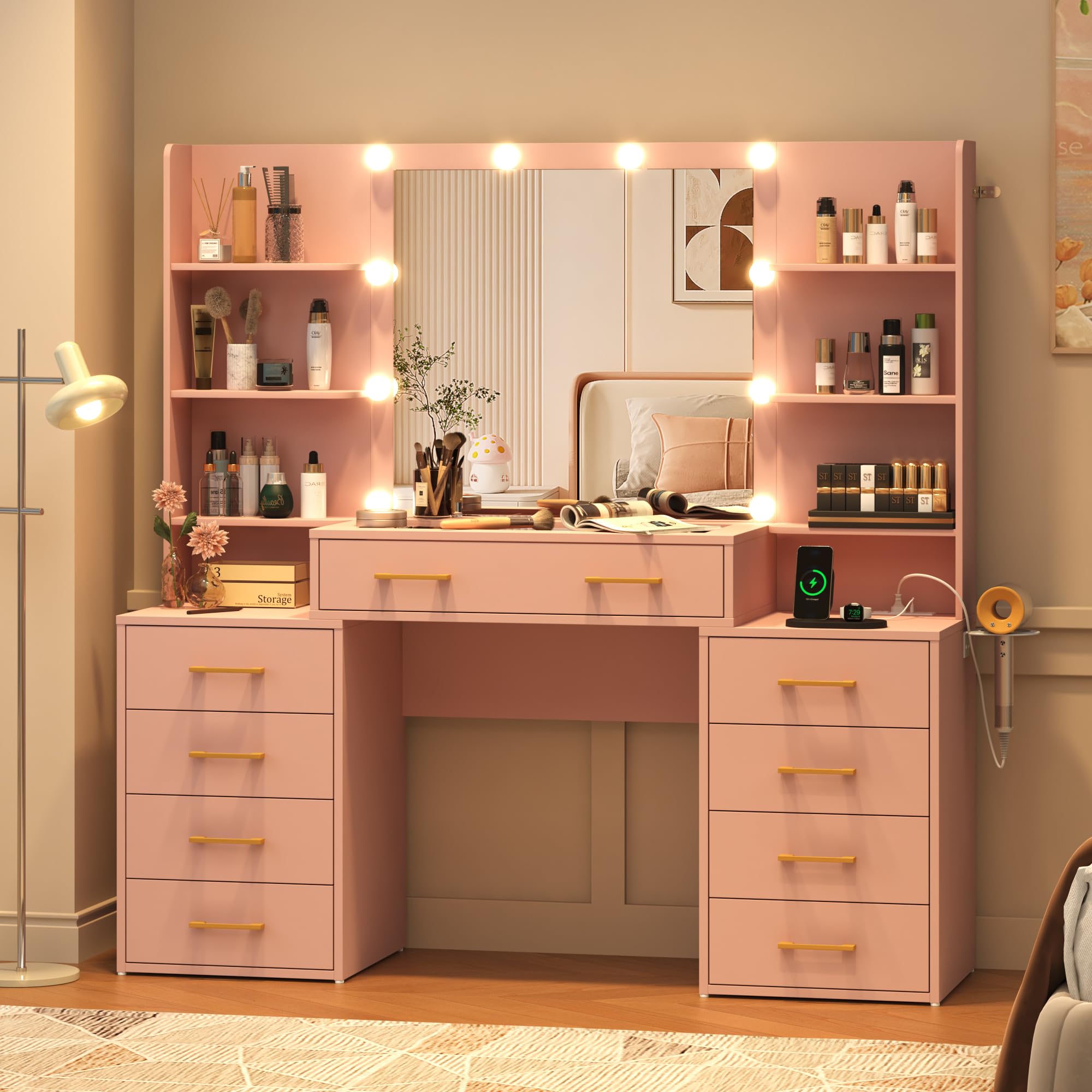 55 in Glass Top Vanity Desk with Mirror and Lights, Large Vanity Makeup Mirror Desk with Charging Station Compartment Storage Drawers, Modern Makeup Vanity with 9 Drawers 6 Shelves, Pink