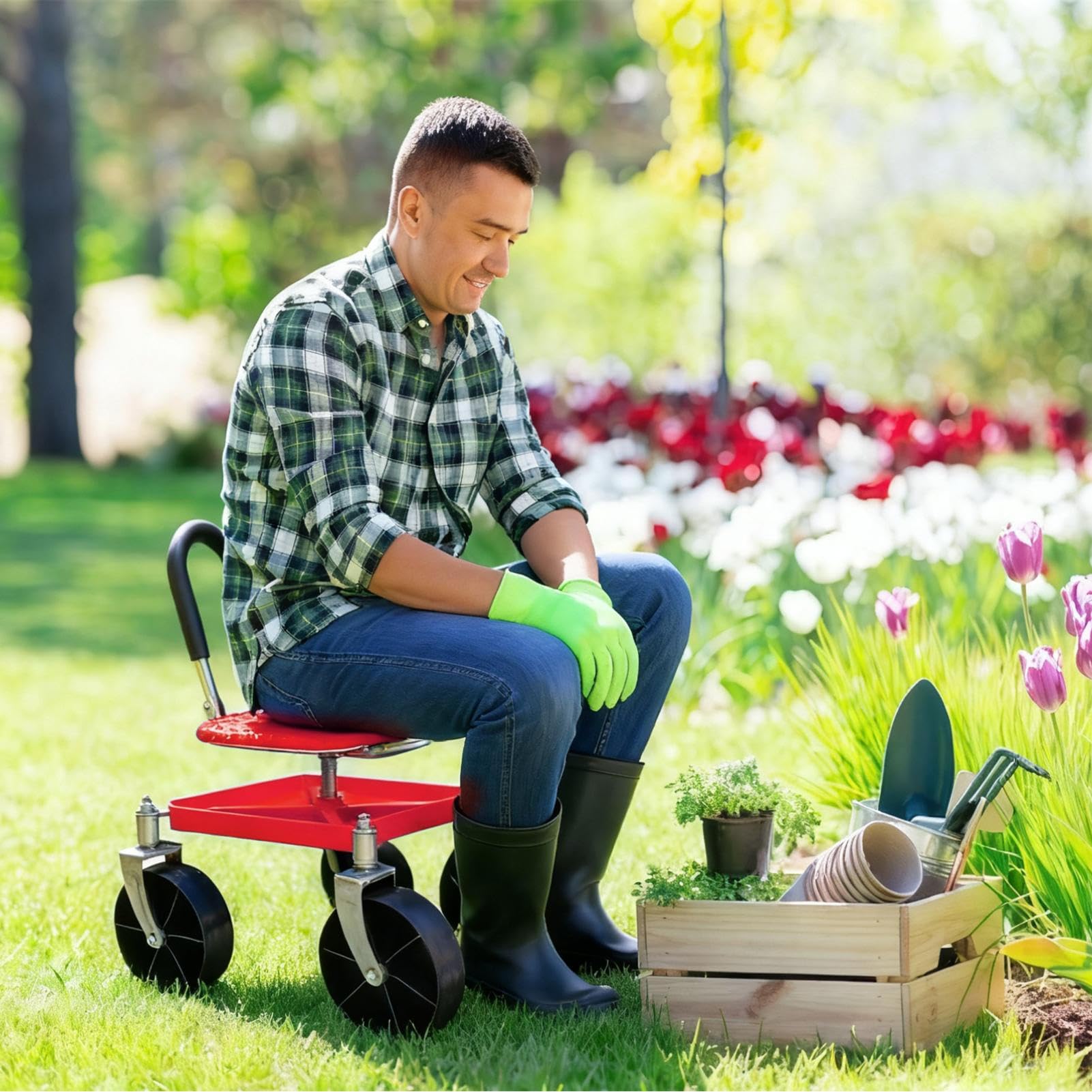 Garden Scooter - Taburete con Asiento Ajustable y Bandeja de Almacenamiento, Herramienta ergonómica para el Exterior | Accesorio Funcional para Mantenimiento de tamaño Flores Vegetales poda