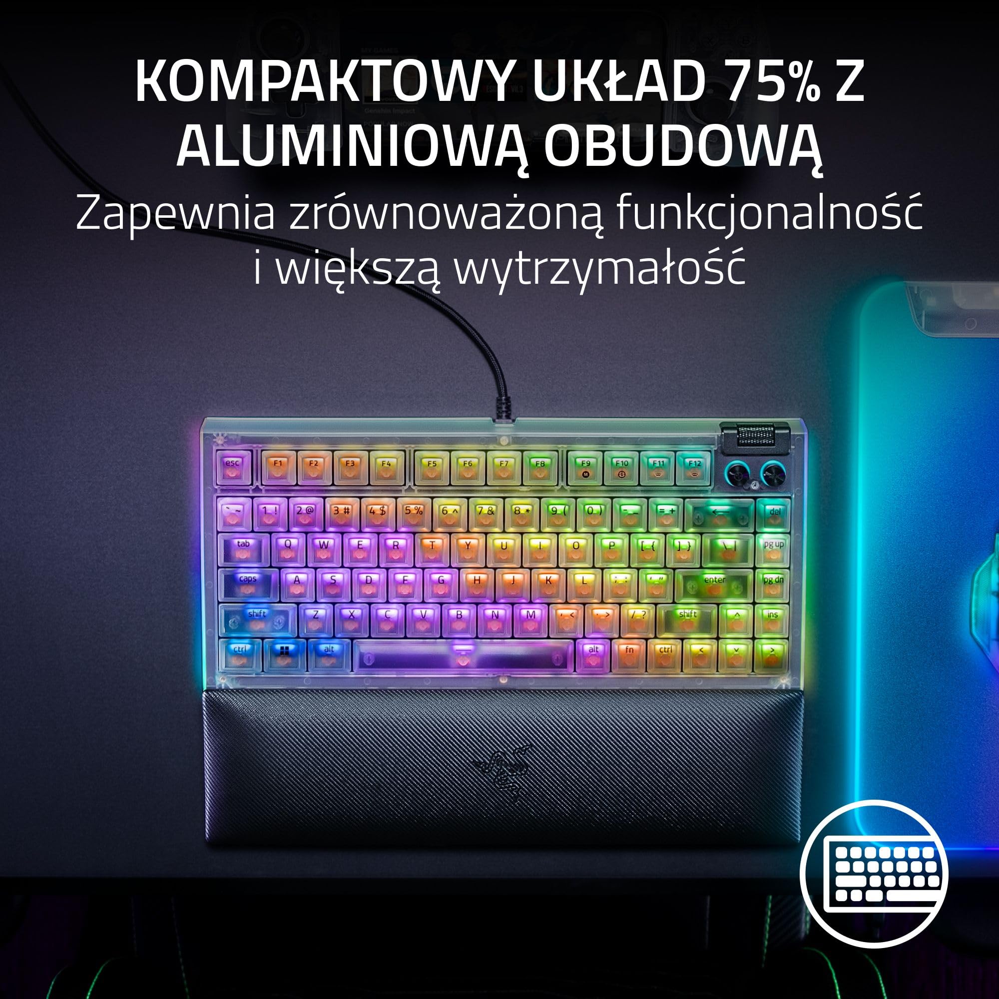 Razer BlackWidow V4 75% Phantom White - mechaniczna klawiatura gamingowa z możliwością wymiany na gorąco - pomarańczowe przełączniki dotykowe - RGB - układ US | Edycja Phantom White