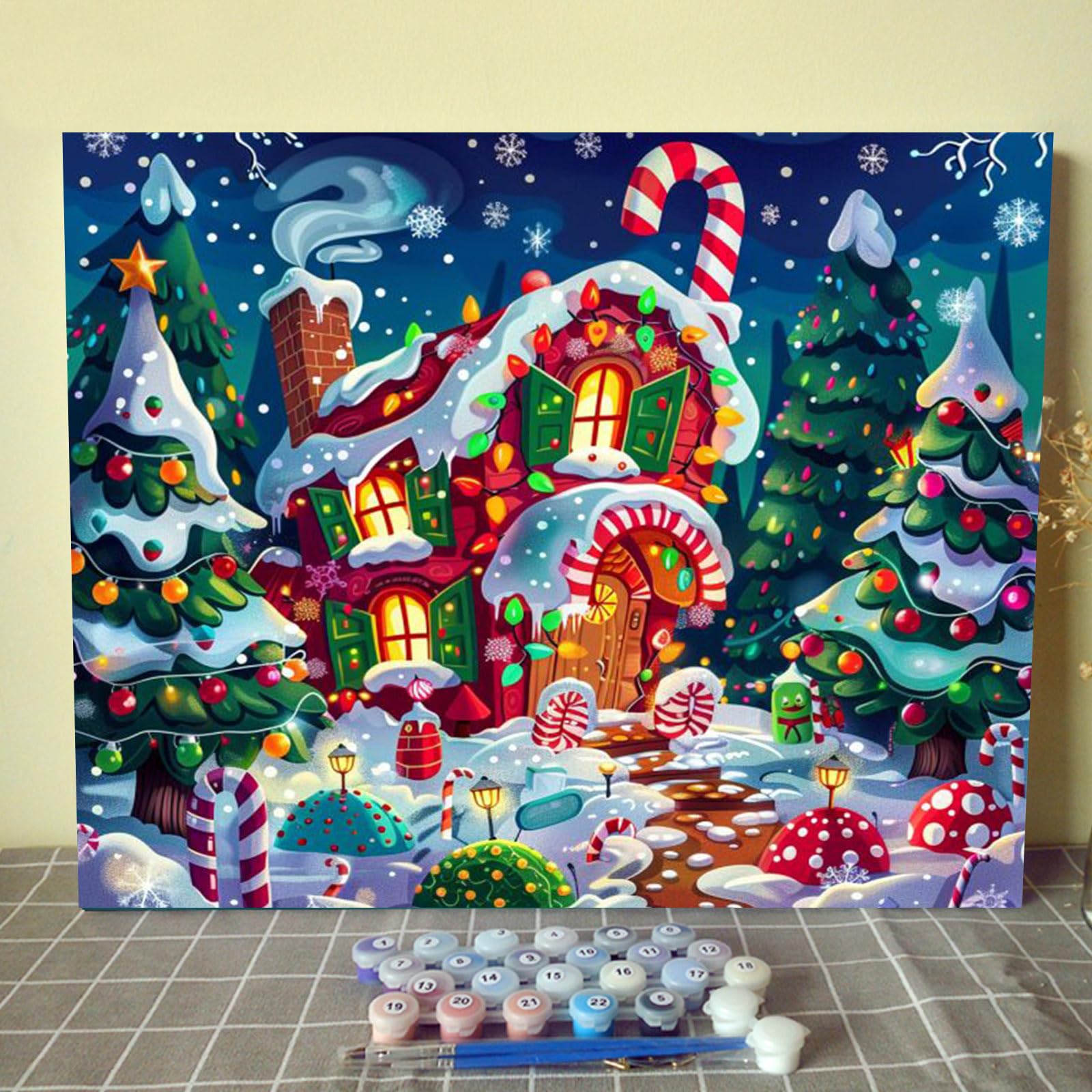 Christmas Candy House DIY Paint by Numbers for Adults Winter Snow Xmas Landscape DIY Oil Painting Acrylic Paint Art Painting Kits Canvas with Acrylic Paints Cute Holiday Art 16x20 Inch（without Frame）
