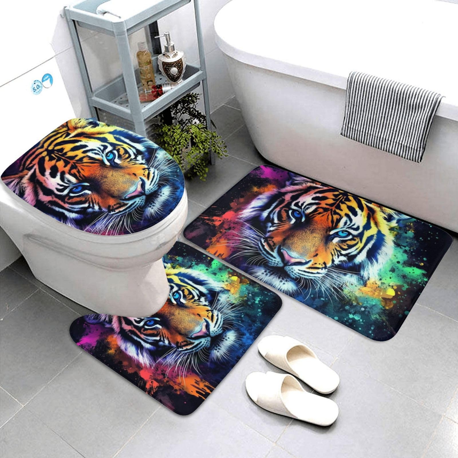 Set di 3 tappeti da bagno a forma di tigre, morbidi e assorbenti, in memory foam e a forma di U, decorazione per la casa, ad asciugatura rapida