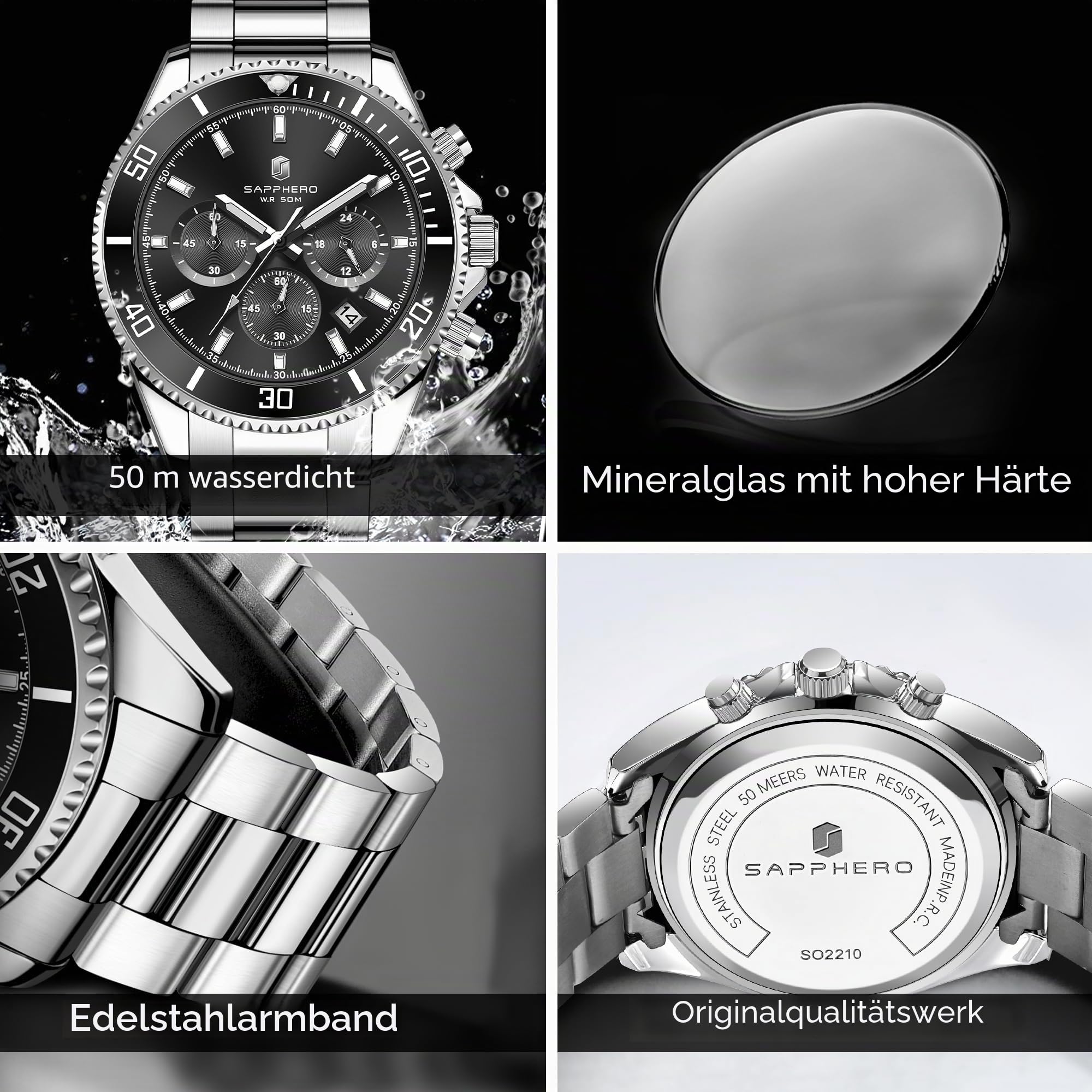 SAPPHERO Uhren Herren Chronograph Analog Quarz 50M Wasserdicht Armbanduhr Herren Mode Lässig Business Herrenuhren mit Kalender Edelstahlarmband Uhr Geschenk für Männer