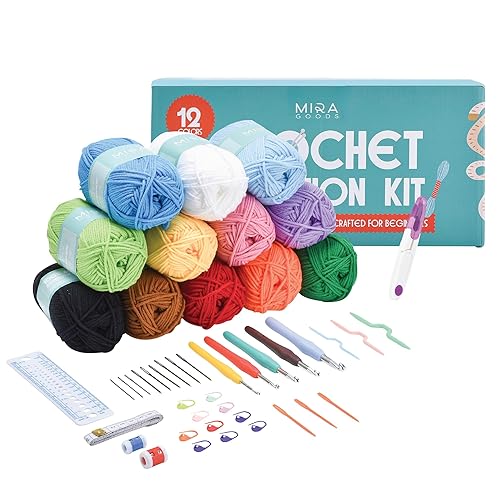 Mira HandCrafts Crochet Kit for Beginners - Essentials Set with 12 Acrylic Yarn Skeins and Other Knitting Accessories, Including Ruler, Hooks, Needles, Stitch Holders, Row Counters, Measuring Tape - 12 Pack Kit - Rainbow Color Yarns With Set