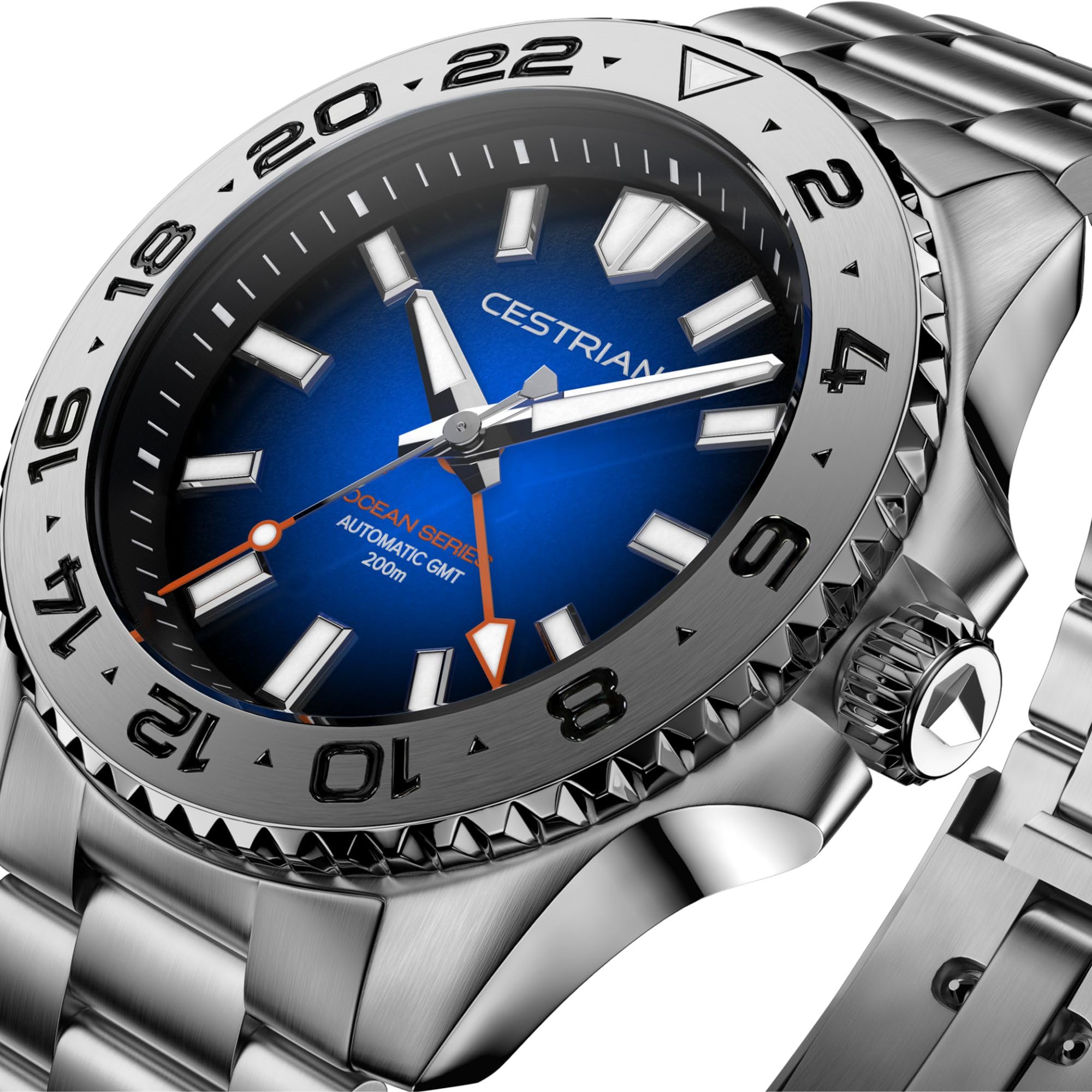 Cestrian Ocean Series 42 mm automatyczny zegarek męski - niebieska tarcza Fumé, koperta i bransoletka ze stali nierdzewnej 316L, wodoodporny 200 m
