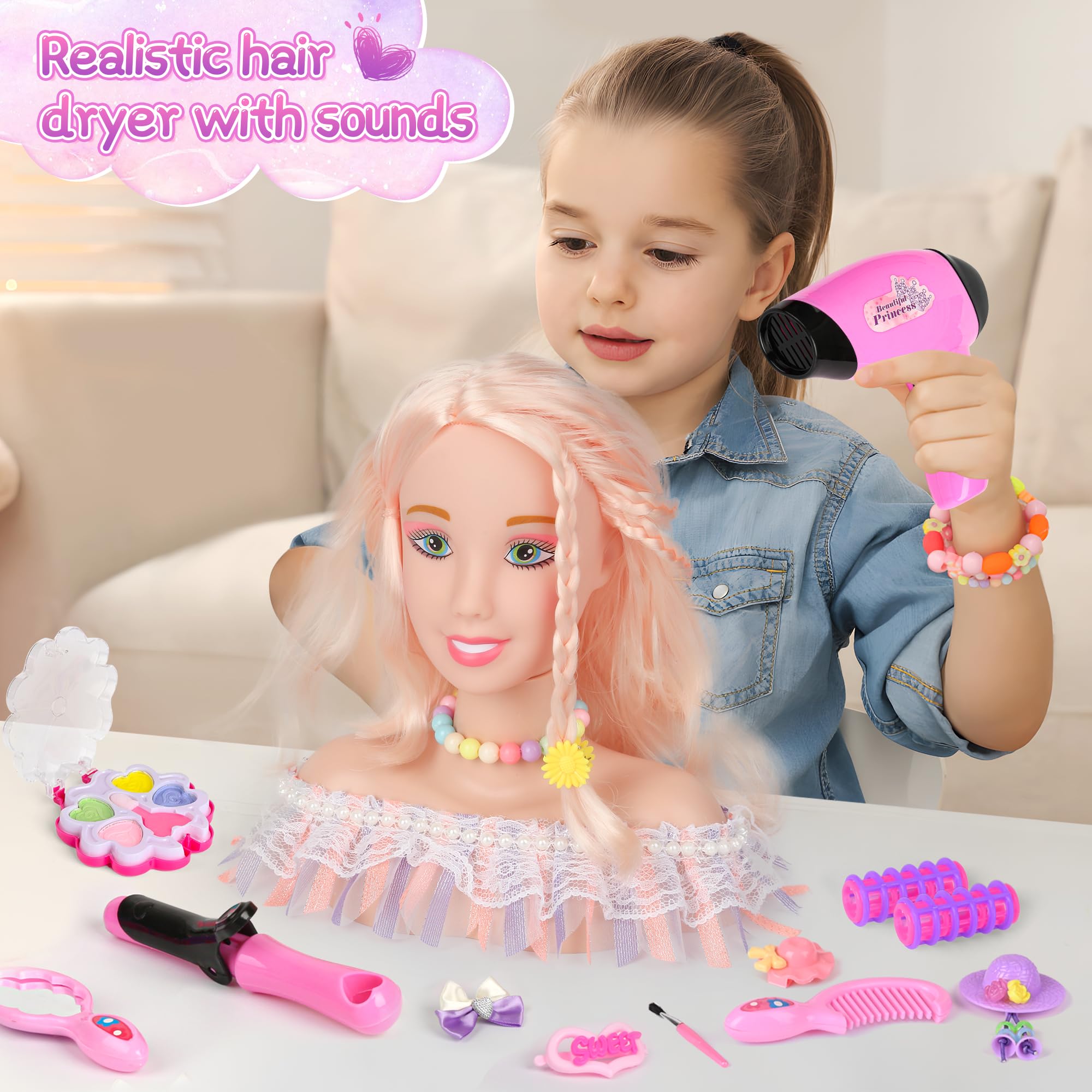Kids Hairdressing Head Doll Set With Toy Hairdryer & Makeup - Role Play Gift For Girls 4-6 Years Old