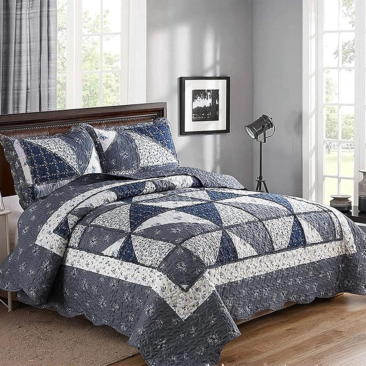 VINILITE Ultra Soft Quilt Set Queen Size, 3 Piece Microfiber Checkered