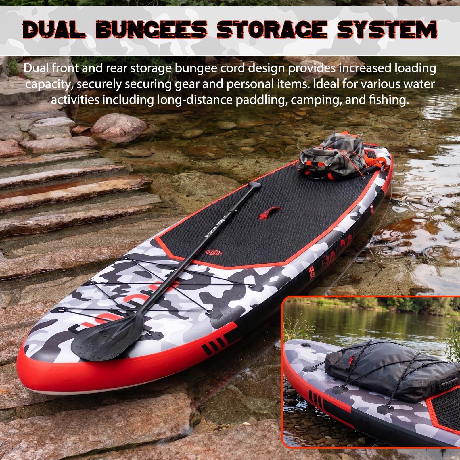 FunWater Nadmuchiwana deska SUP 330 cm – kompletny zestaw z wiosłem, plecakiem, pokrowcem na telefon komórkowy, 3 płetwami, pompką, siedziskiem i paskiem na ramię – deska SUP dla początkujących i