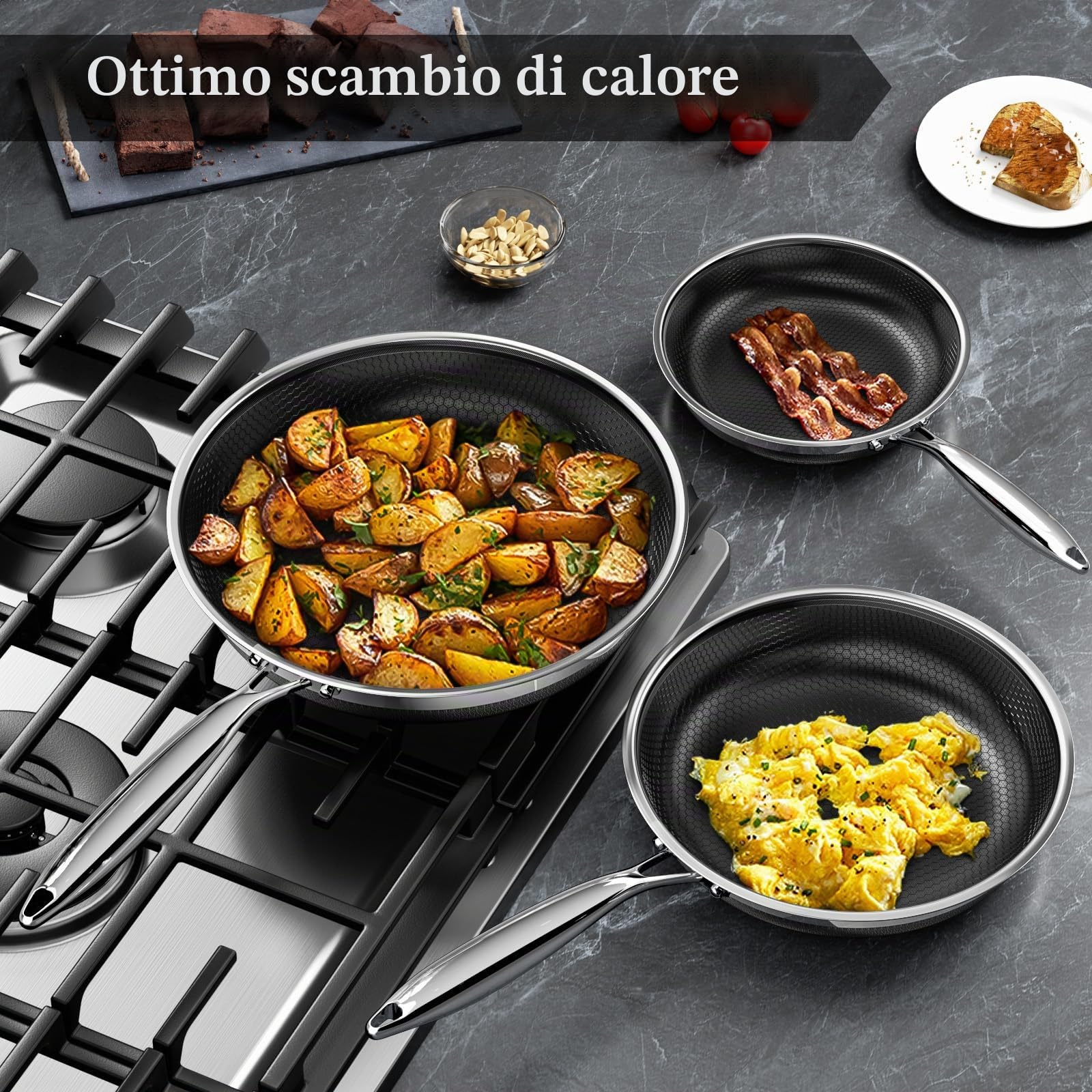 Innerwell Set di padelle Antiaderente 20 24 28 cm, 3 Pezzi Padella Acciaio Inox Induzione, Rivestimento a nido d'ape antigraffio, Padelle Adatte Per Forno, Universali Pentole, Senza PFOA
