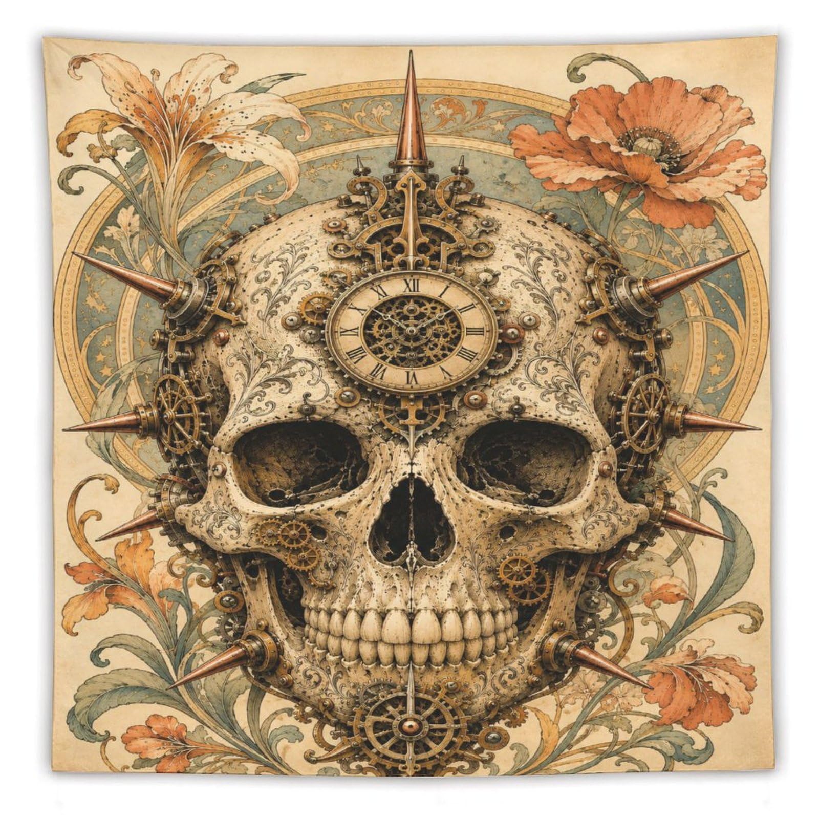 H3B8U2Y5 Ornate Skull with Flowers Wall Tapestry, Gothic Botanical