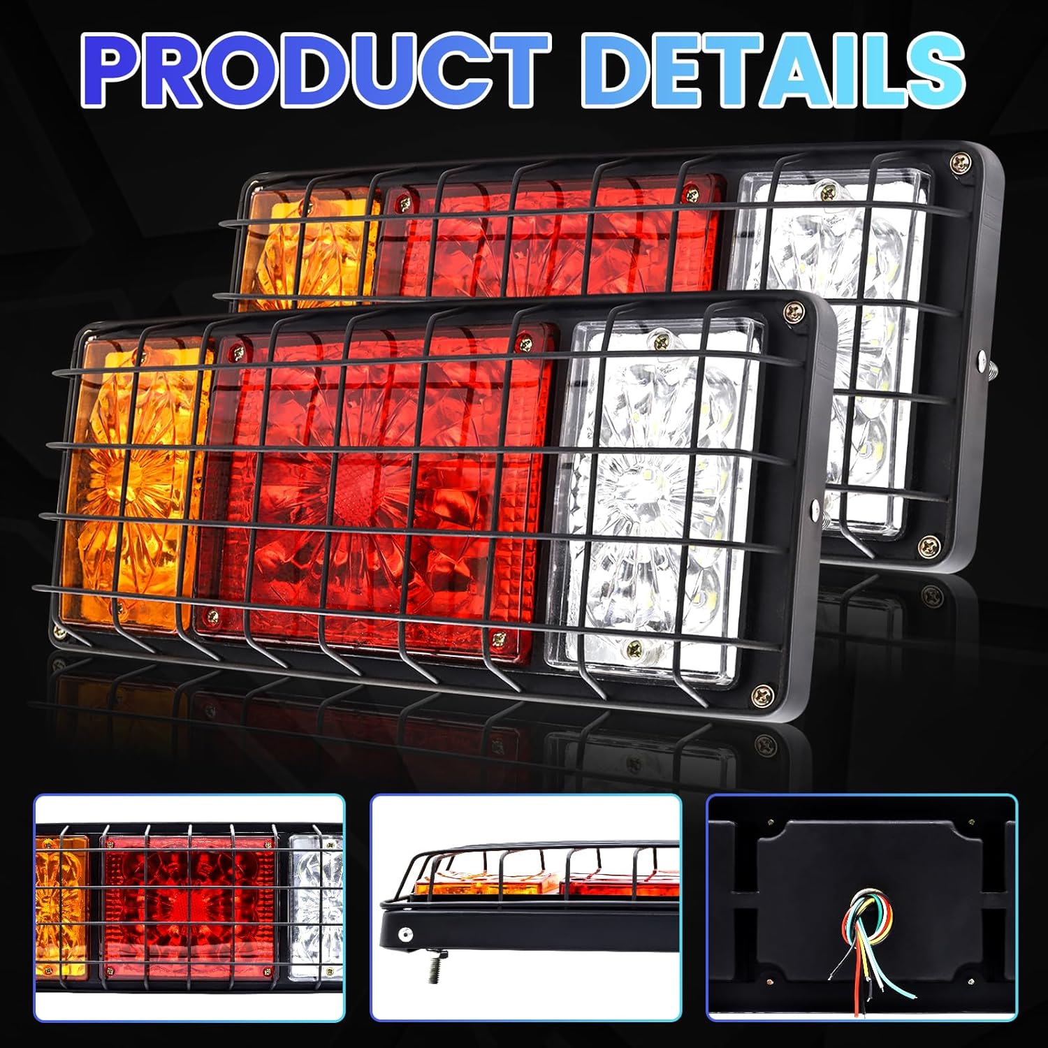2pcs Turn Signal Brake Reverse Taillight LED Truck Tail Lights Iron Mesh Rectangular Turn Signal Stop LED Trailer Tail Light for 12V Truck Trailer (3 Color)