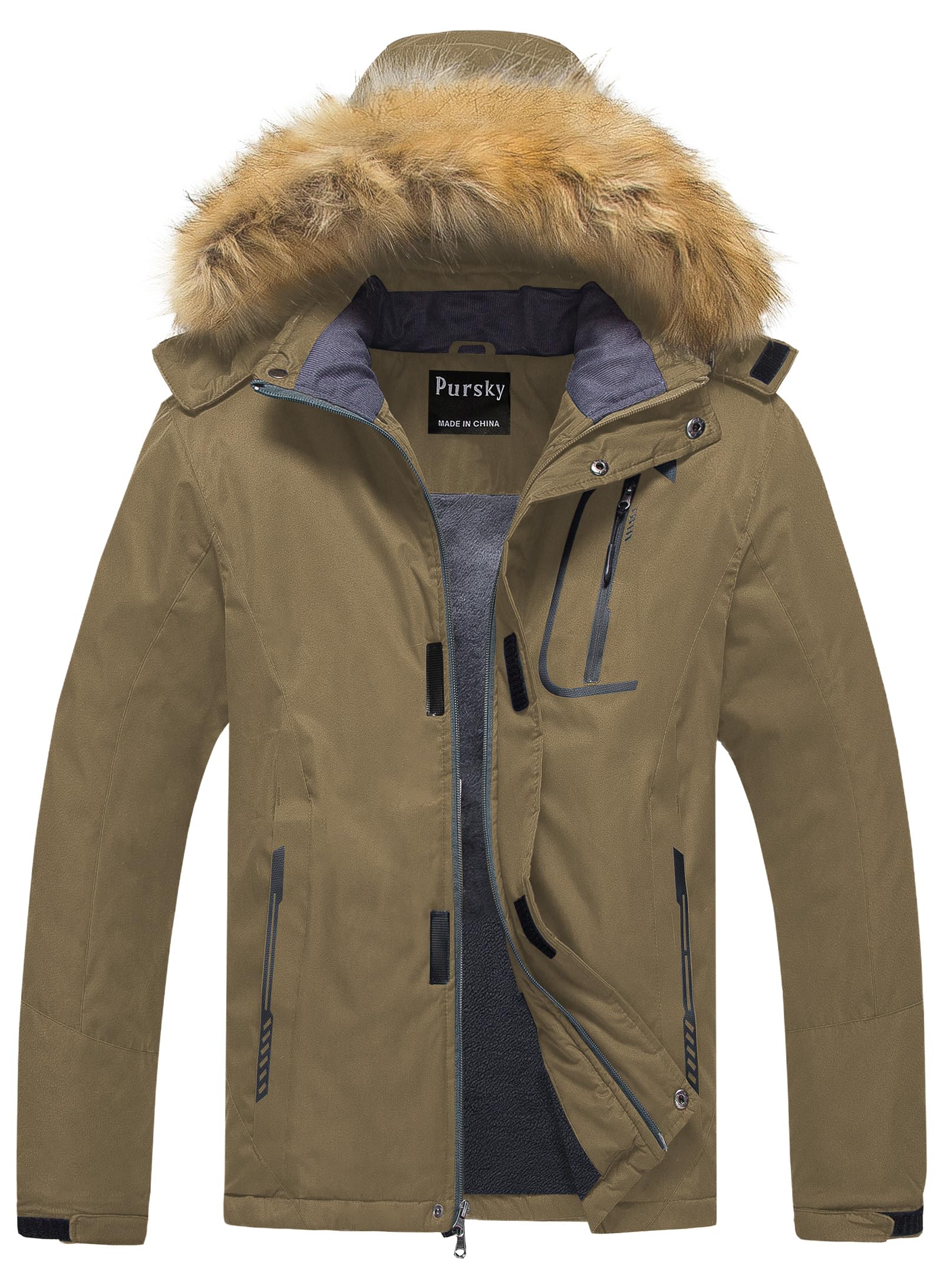 Pursky Men's Waterproof Ski Jacket Winter Snow Coats Fur Hooded Raincoats Parka