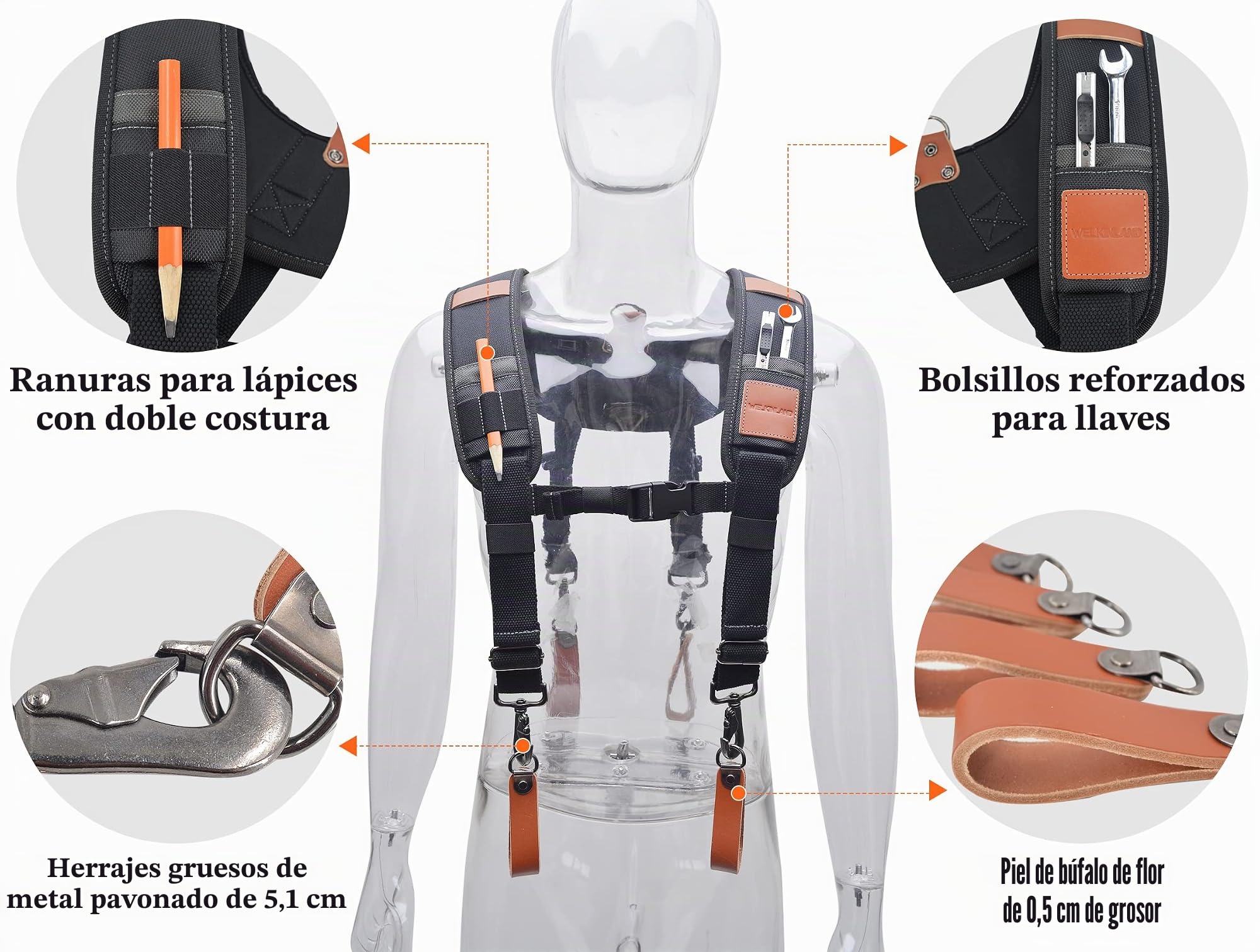 WELKINLAND Tirantes de cinturón de herramientas de cuero resistente, Tirantes para bolsa de herramientas de carpintero, Tirantes de cuero para cinturón de herramientas, Cinturón de herramientas para