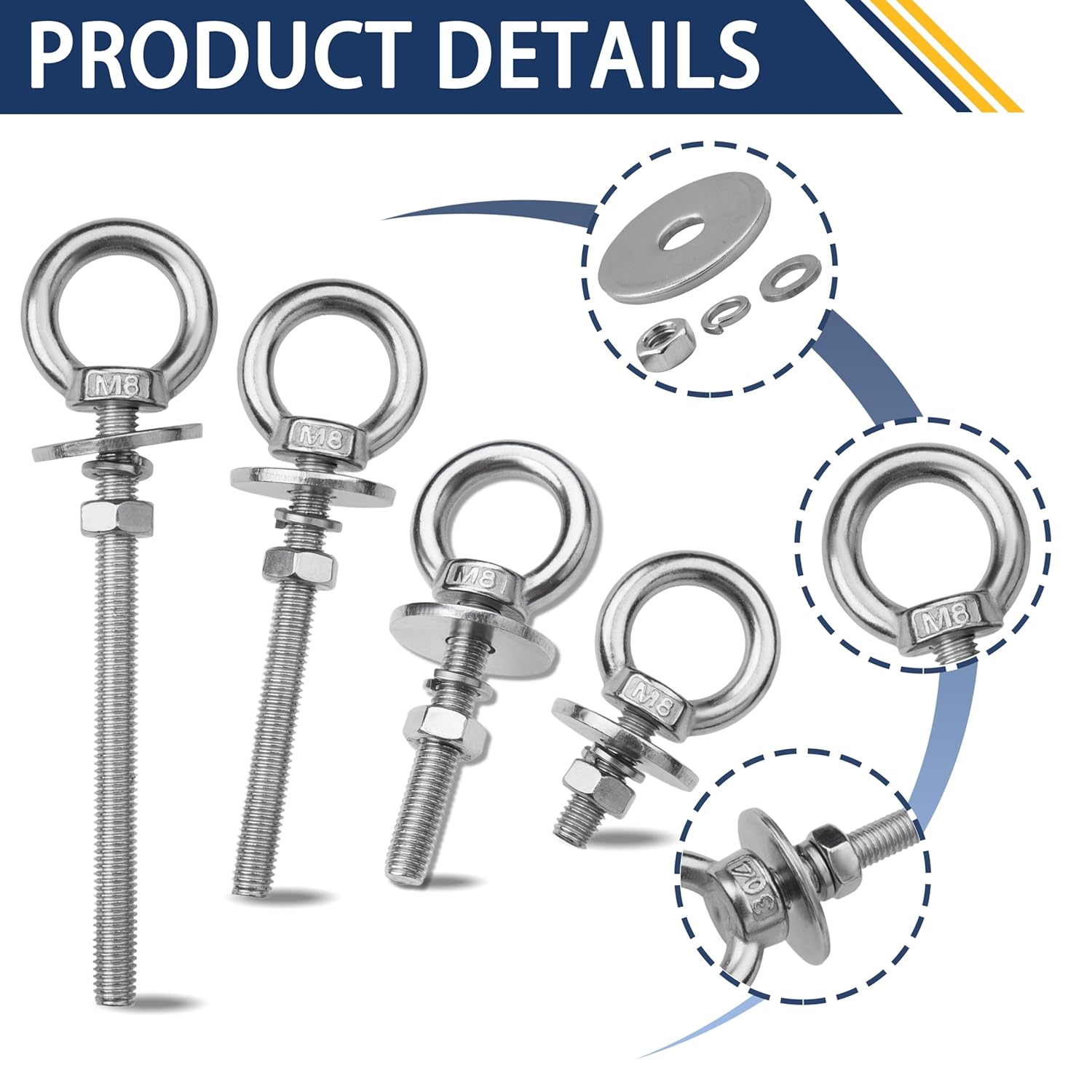 12 Pack M8 Stainless Steel Eye Bolts with Nuts, 5/16" x 4" Long Lifting Ring Eye Bolt， Eye Bolts Heavy Duty for Hang Tie Down Outdoor (12, M8x102mm (5/16"x4"))