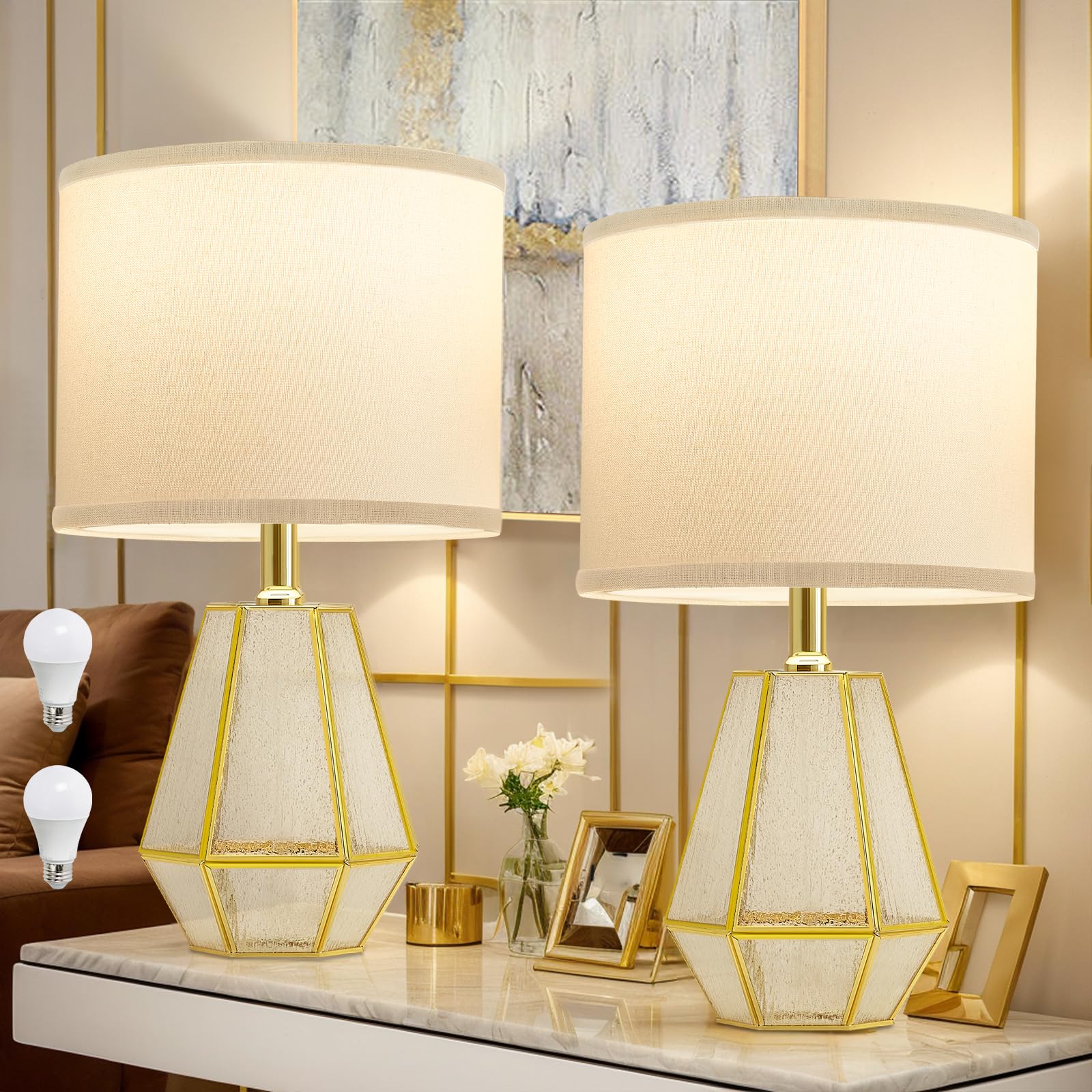 GyroVu Gold Glass Bedroom Lamps Set of 2, 3-Color Temperature Glass End Table Lamps for Nightstand, Gold Hollow Bedside Reading Lamps Modern Table Lamp for Living Room (2 Bulbs Include)