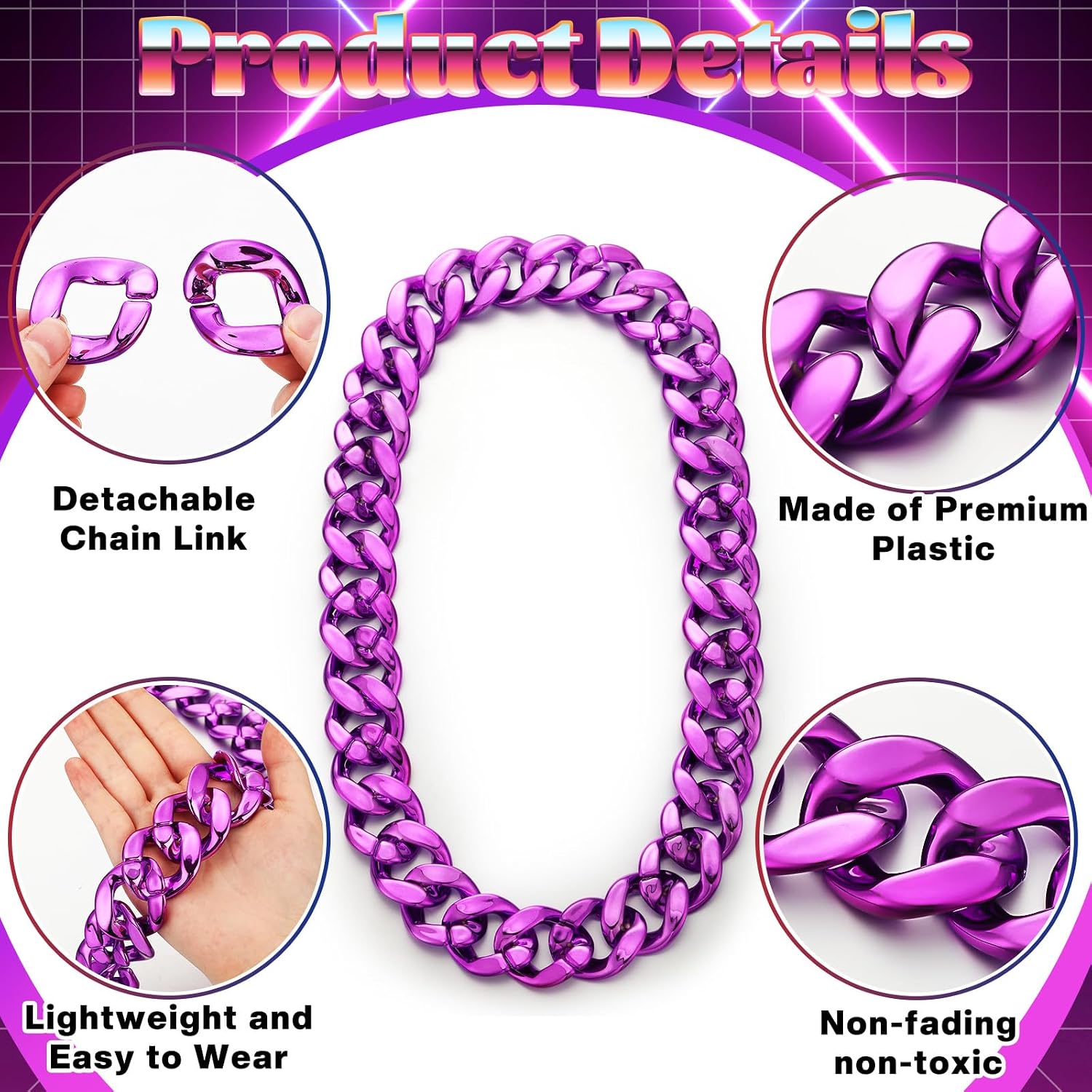 Huquary Big Chain Necklace Detachable Hip Hop Rapper Fake Chain Plastic Necklace 80s 90s Costume