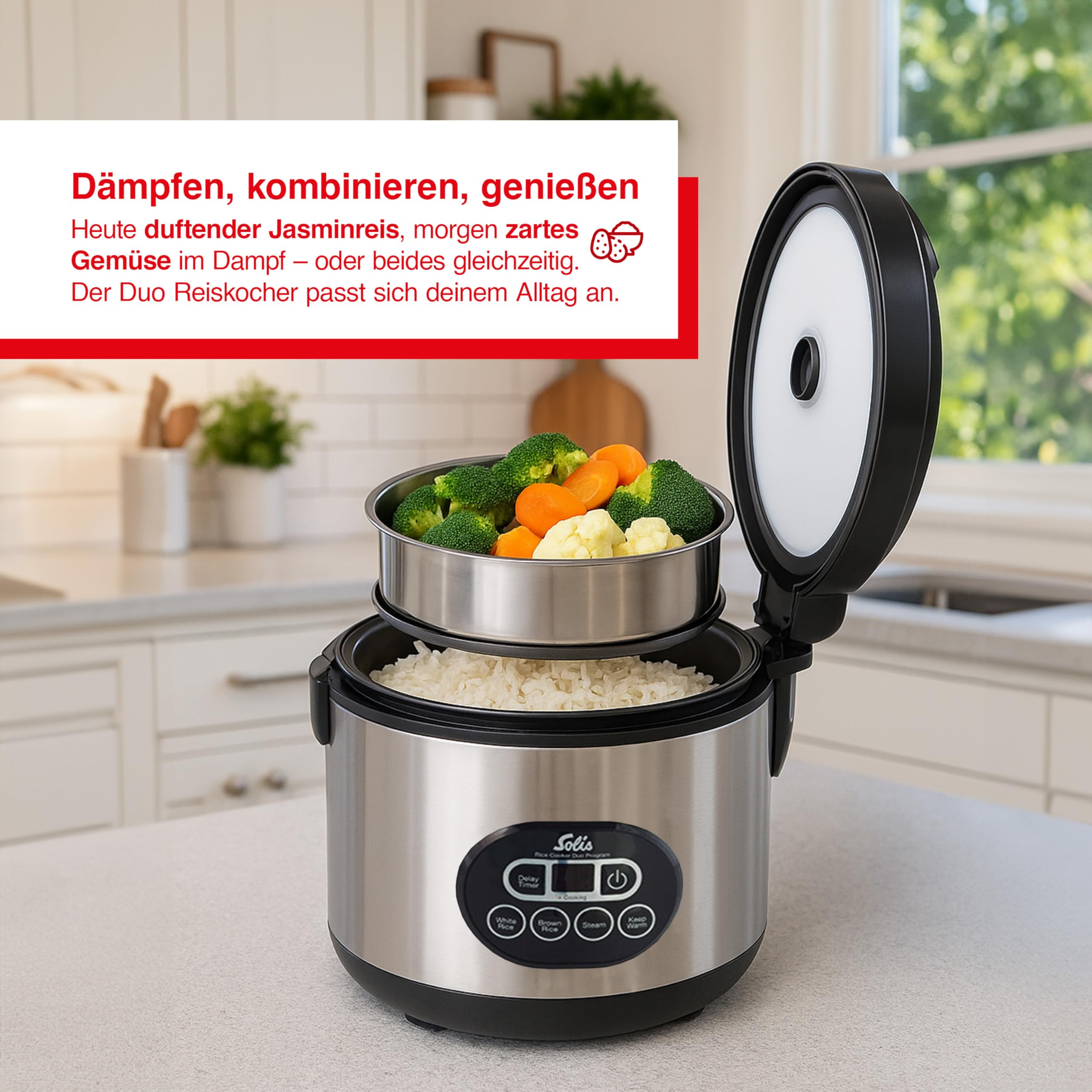 Solis Reiskocher Rice Cooker Duo Program - Reiskocher und Dampfgarer für 6 Tassen Reis - auch für Sushi Reis - Timer - Warmhaltefunktion - Inkl. Messbecher + Schöpflöffel - 1,2 L | Timer, Warmhaltefunktion, Antihaft-Innentopf, PFAS-frei, 500 W