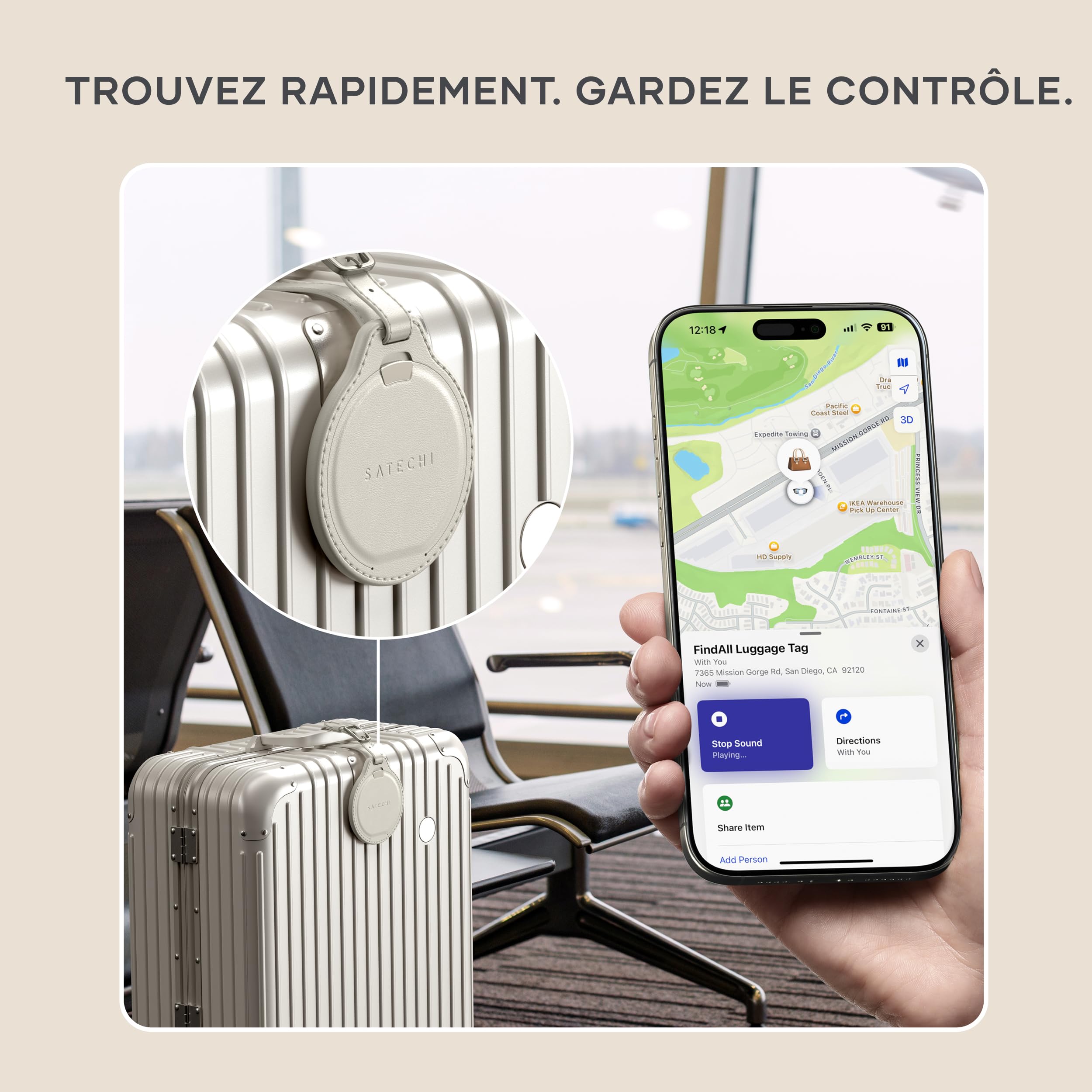 SATECHI FindAll Traceur GPS pour Bagage, Apple Find My, Beige | Localisateur Bluetooth, recharge sans fil, compatible TSA, alertes d'oubli puissantes, pour iPhone, iPad, Mac