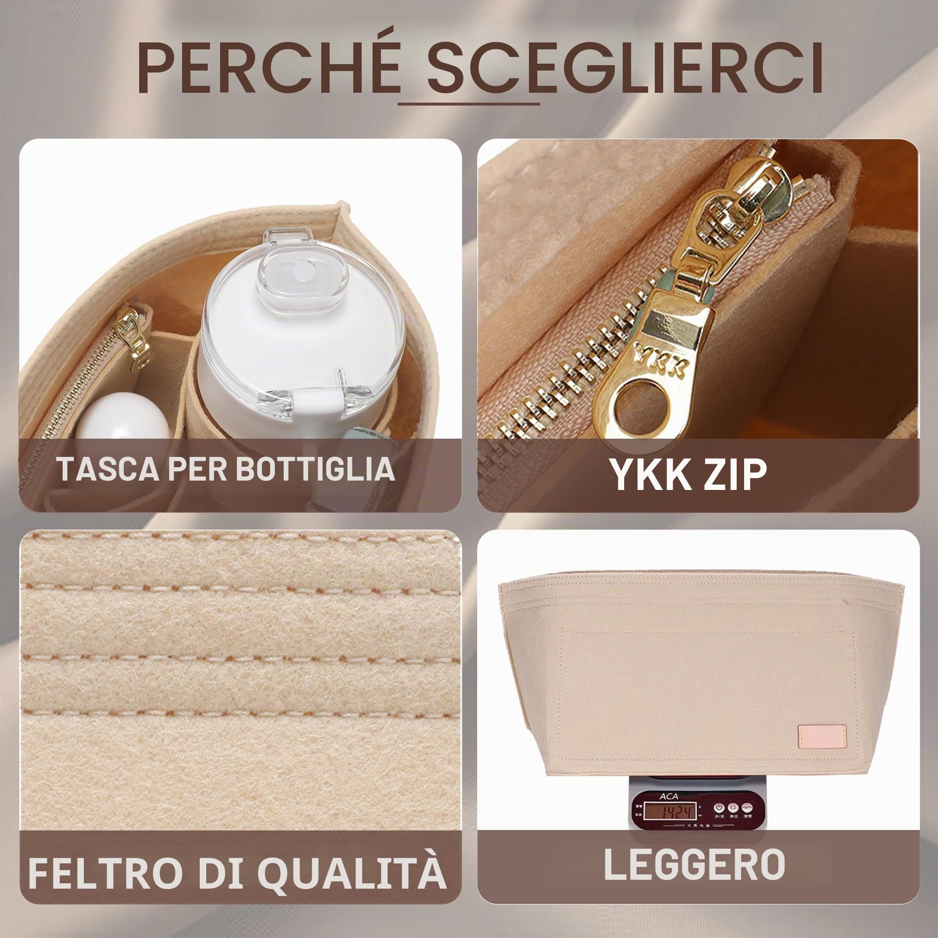 Doxo, Set di 2 organizer per borse e base sagomata, organizer in feltro con cerniera, misura L, 7 misure, adatto per Speedy, Neverfull MM/City33 e altre (combinazione beige, L)