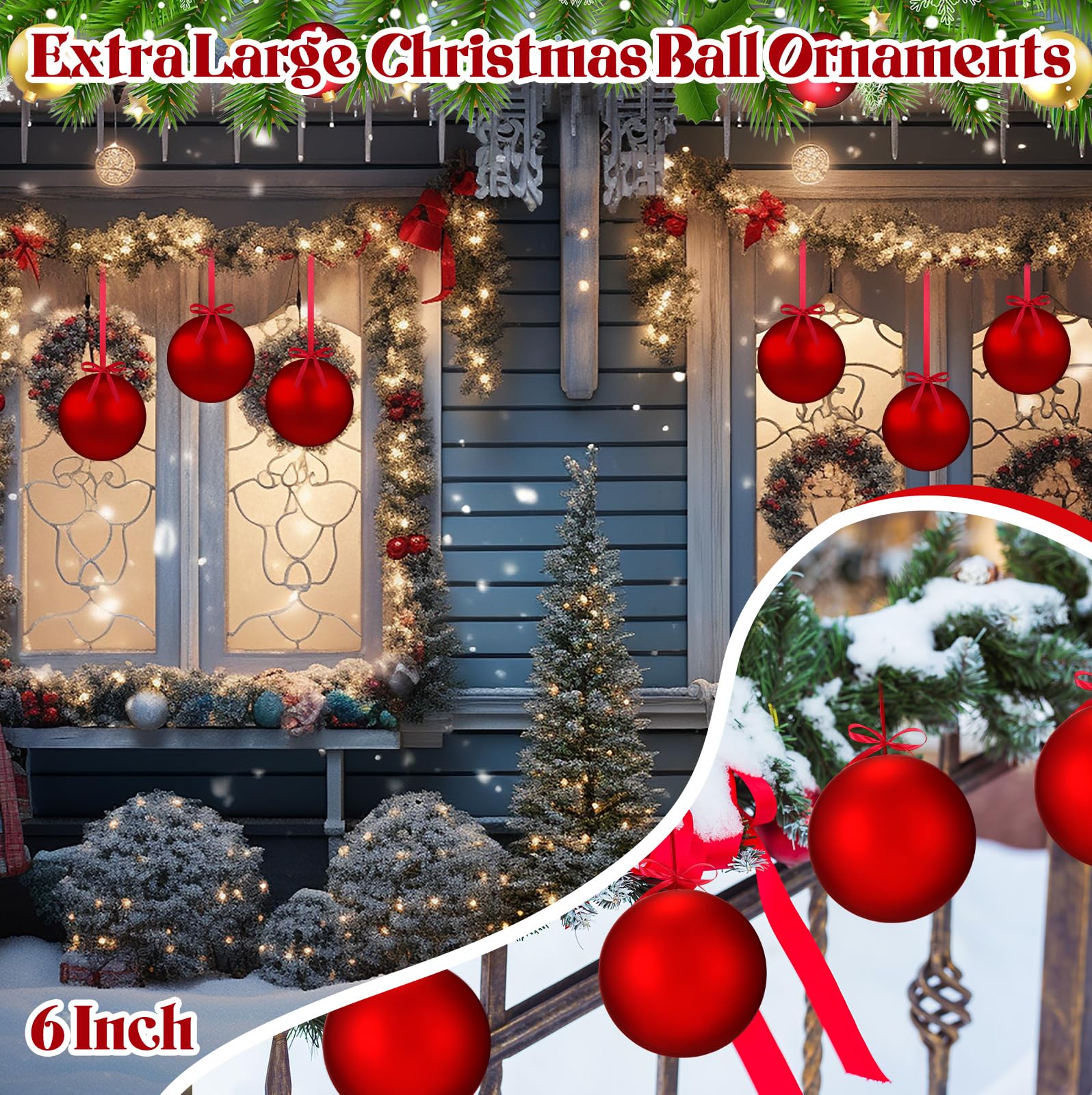Weysat Lot de 12 boules de Noël surdimensionnées en plastique à suspendre pour extérieur, pelouse, cour, arbre de Noël - 15,2 cm