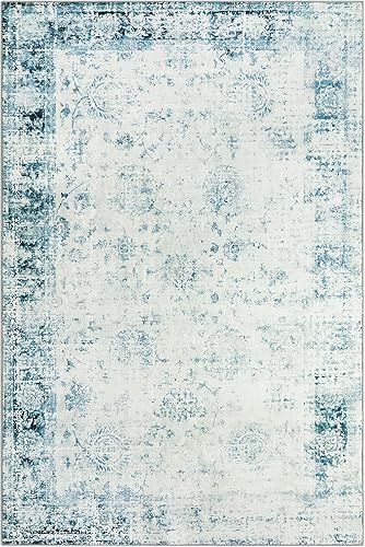 Miniatura 5 de Seavish Alfombra bohemia de 6 x 9 pies para sala de estar, alfombra vintage envejecida azul para dormitorio, pelo bajo, no desprende pelusa,