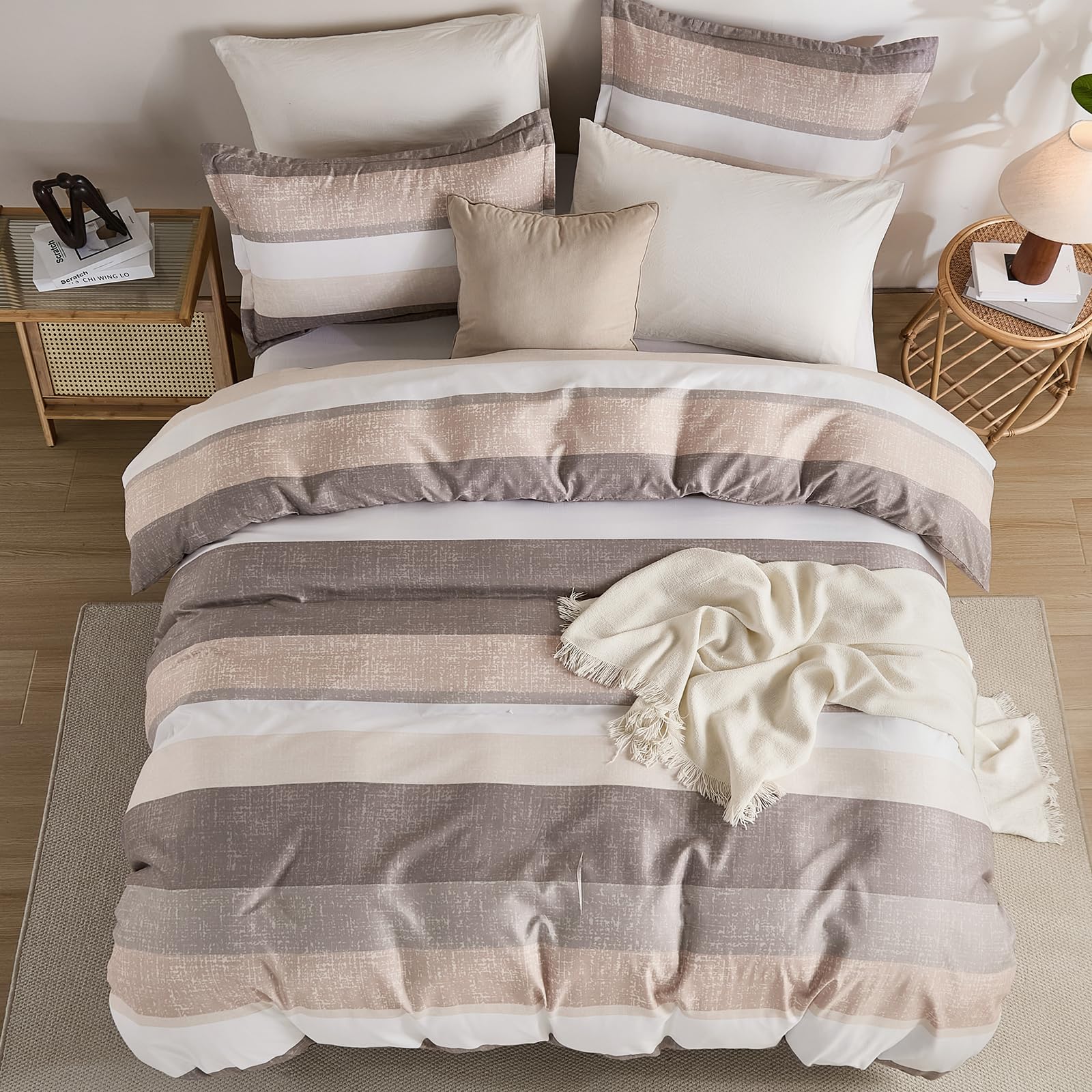 WONGS BEDDING Double Duvet Cover Set Wide Striped Bedding Soft Microfiber Duvet Sets Double Bed with 2 Pillowcases, Khaki, 200x200cm โ image 1