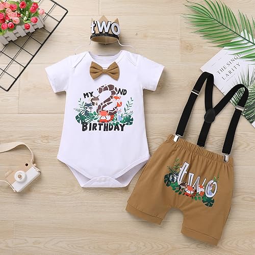 Miniatura 2 de IBTOM CASTLE Traje de 1er cumpleaños para bebé niño, mameluco de animales del bosque de la selva, bombachos y tirantes, 3 piezas, ropa para