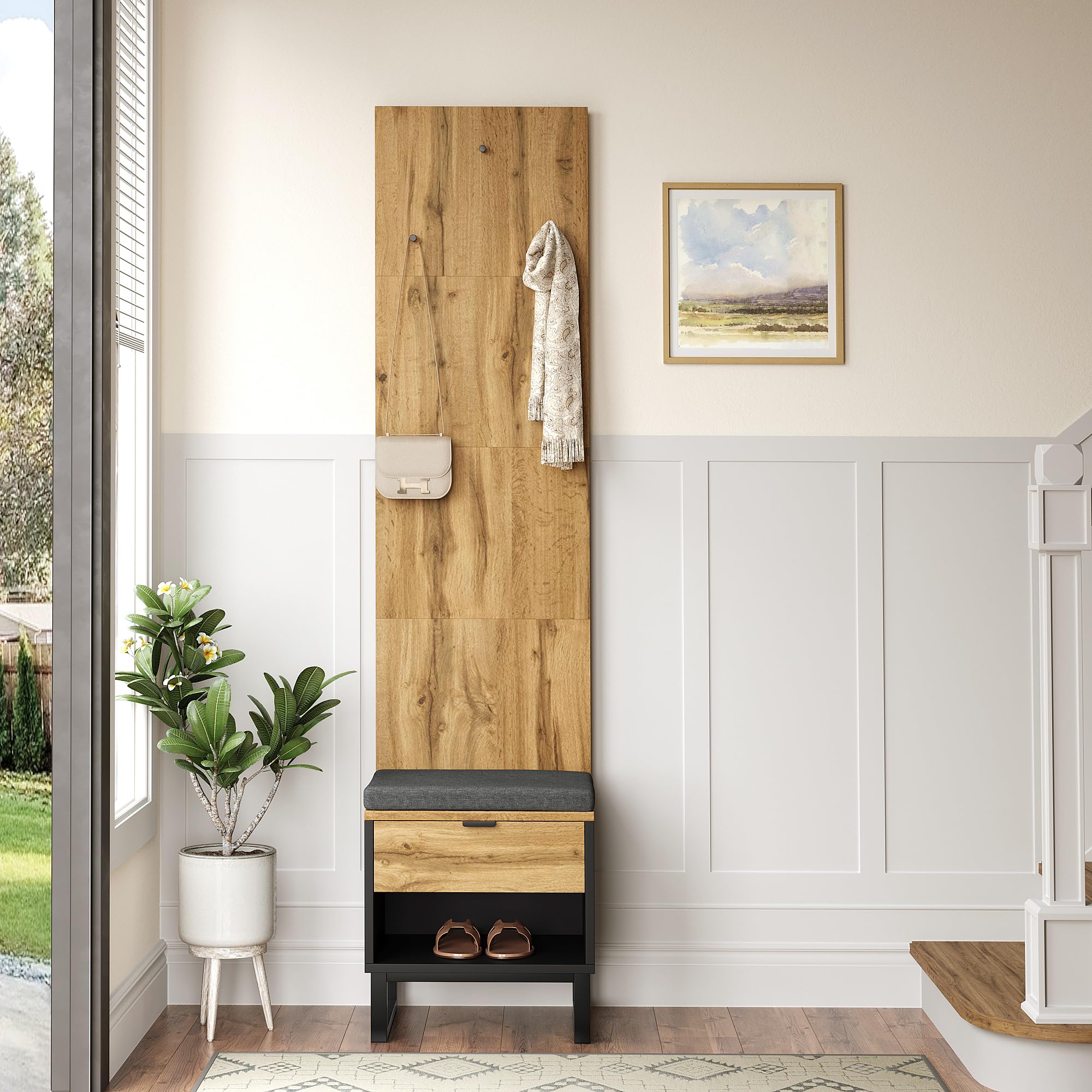 Armadietto D'ingresso Bianco (101,5 X 183 Cm) Con Spazio Nella Parte Inferiore Del Sedile Con 4 Ganci Per Appenderlo E 2 Scomparti Nella Parte Superiore Per Riporre I Vestiti, Guardaroba, Scarpiera - 7