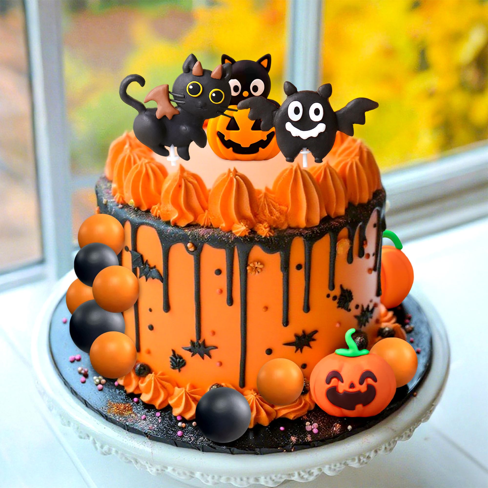 LaVenty Halloween Black Cat Cake Topper Spooky Birthday Cake Decorations, Orange, 5 cm x 1 cm - Image 3