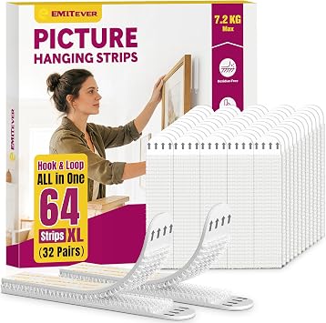 Emitever Picture Hanging Strips 32 Pairs 64 Strips, XL Holds Up to 7.2 kg, Wall Stickers for Picture Hanging, No Nails Damage-Free Frame Poster Hangers for Frames Signs Home Decor White