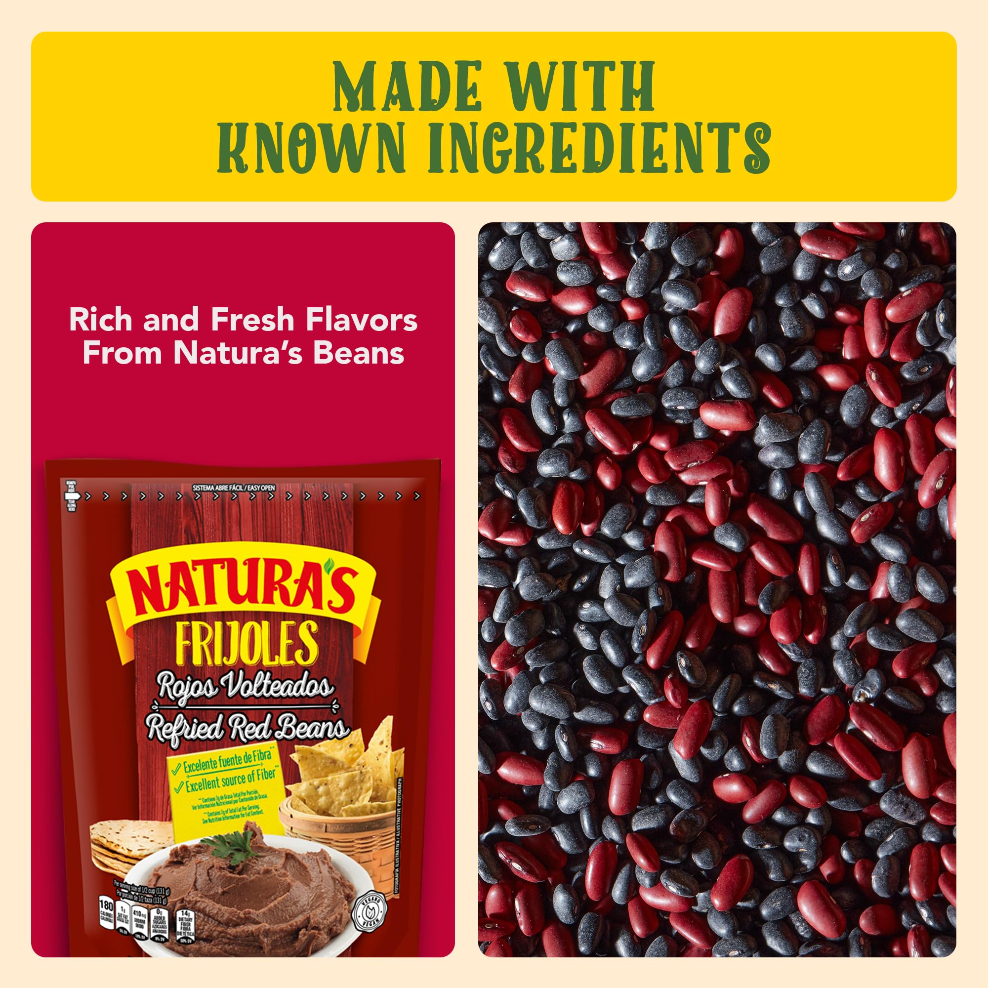 NATURA'S Refried Red Beans, Ready-to-Eat Vegetarian Refried Beans, Frijoles Rojos 26.45 oz Pouch (Pack of 12)