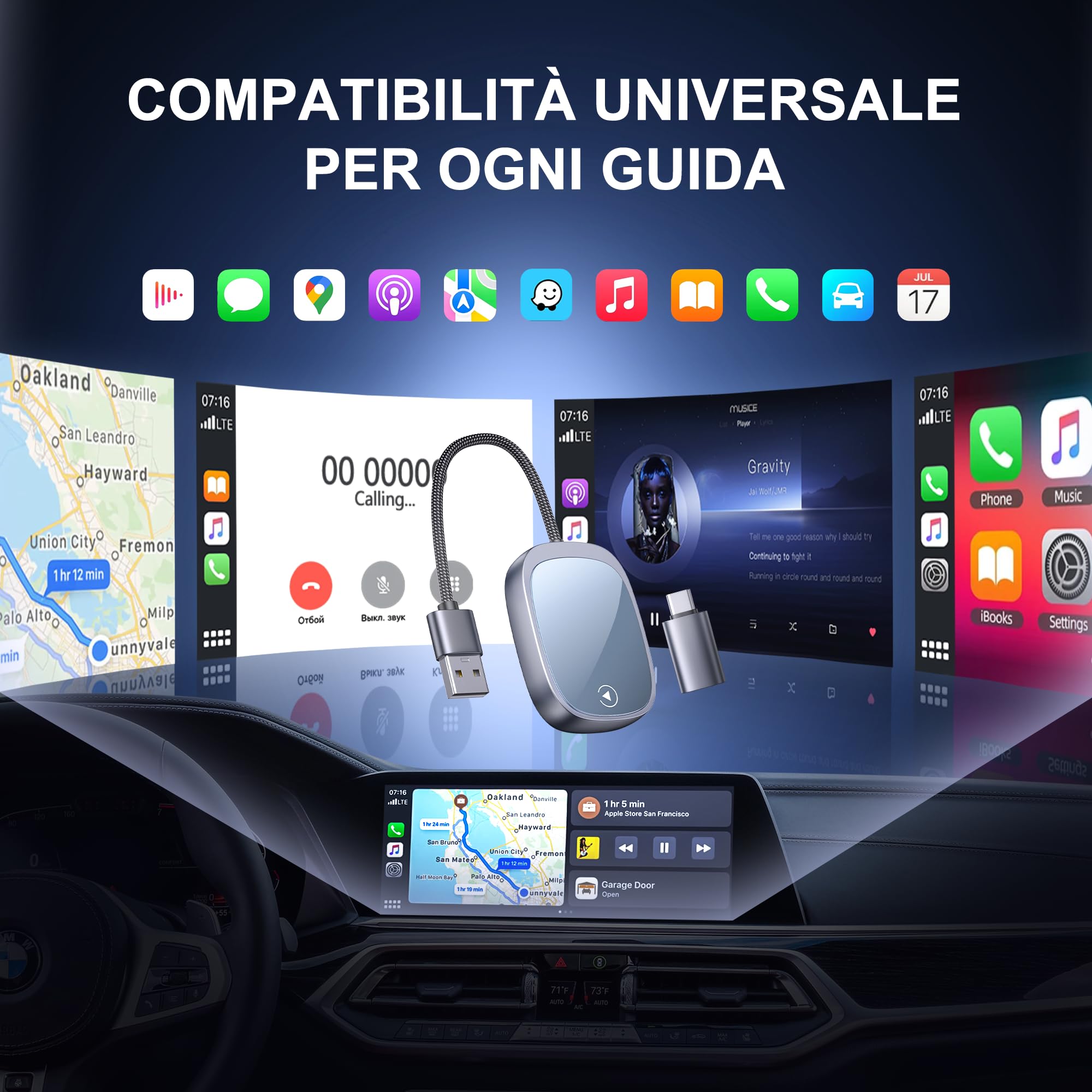 Adaptateur CarPlay sans Fil 2 en 1 pour Apple CarPlay/Android Auto - Carplay Voiture Conversion Instantanée USB-A/USB-C(Adaptateur Inclus) - Compatible 800+ Modèles Voitures