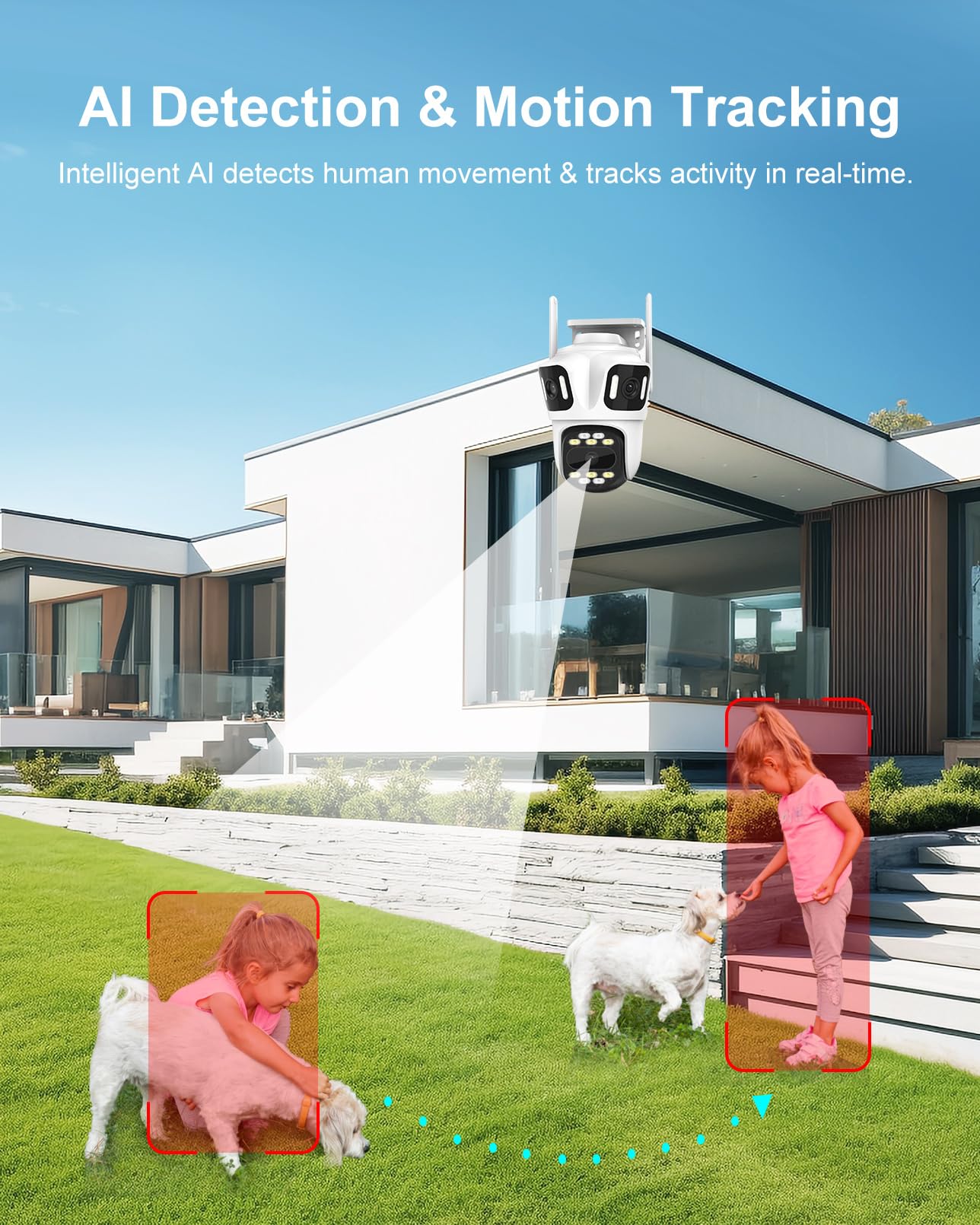 Telecamera di sicurezza esterna wireless a tre obiettivi da 9 MP, Pan/Tilt a 360°, WiFi 2,4 GHz, rilevamento del movimento AI, registrazione 24/7, visione notturna, audio a 2 vie, IP66