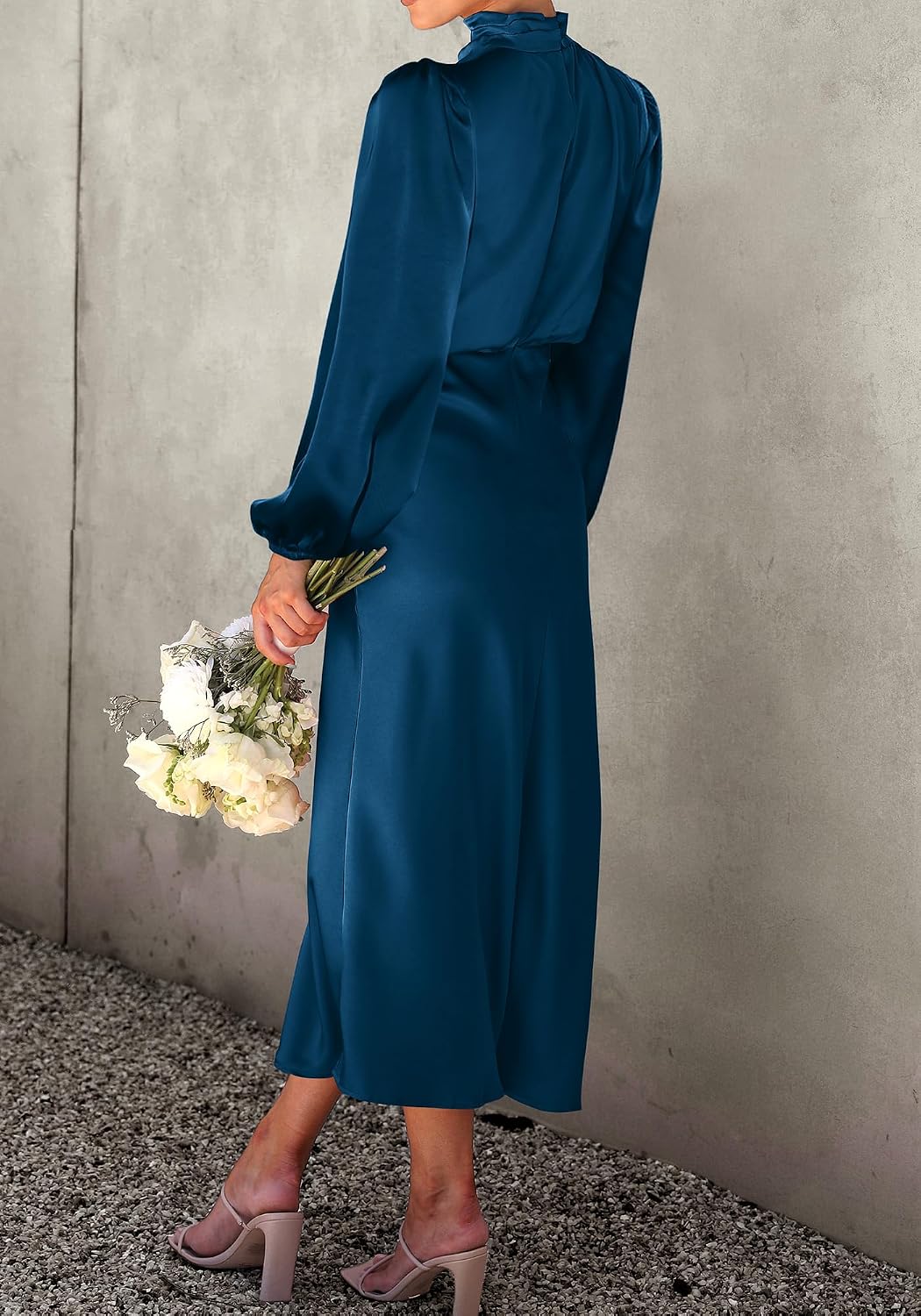 Condition photo showing New/Like New for btfbm womens mock neck satin dress summer 2026 long sleeve lightweight formal wedding party maxi fall cocktail dresses large dark blue