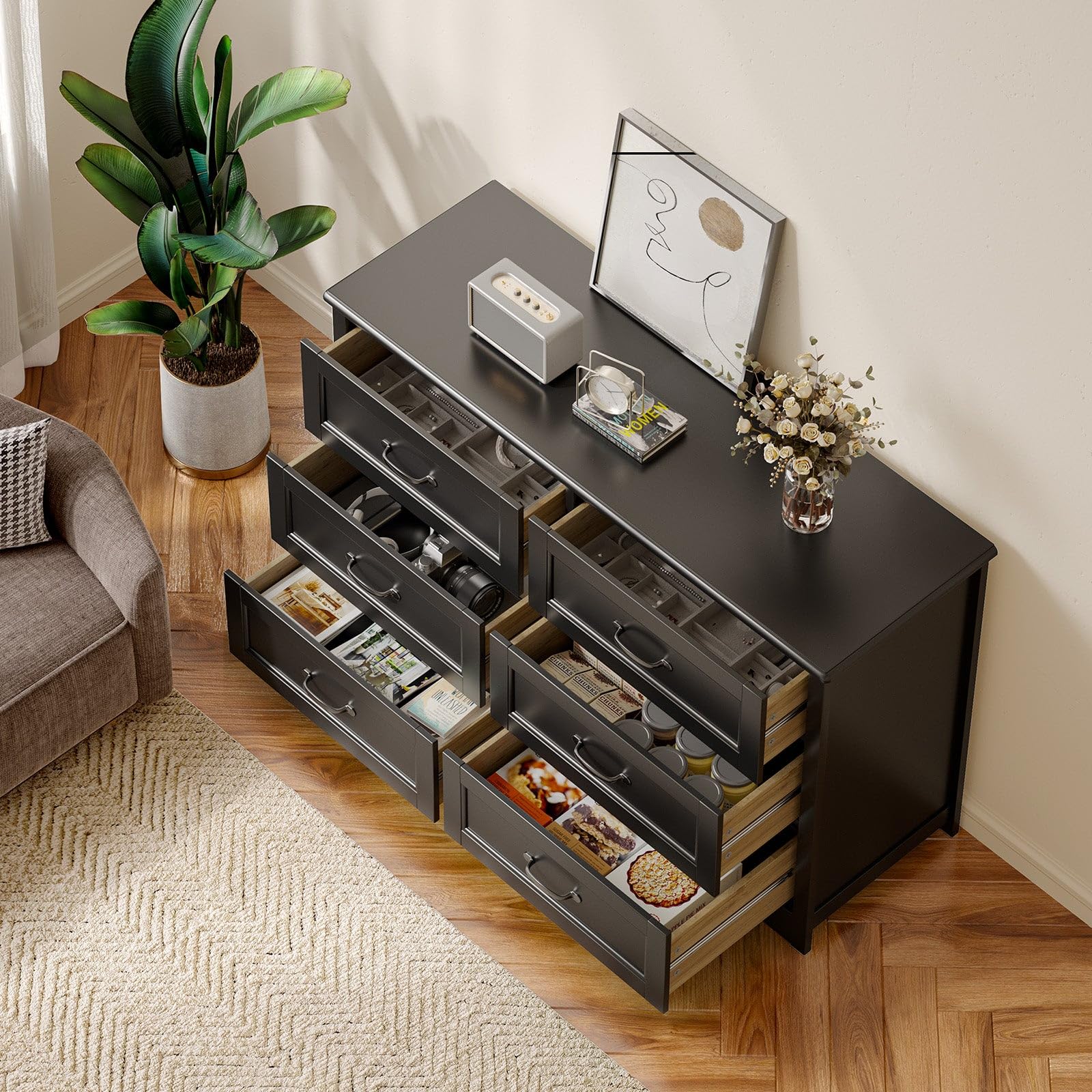 Gizoon 47' 6 Drawer Dresser, Black Wide Chest of Drawers for Bedroom — product photo