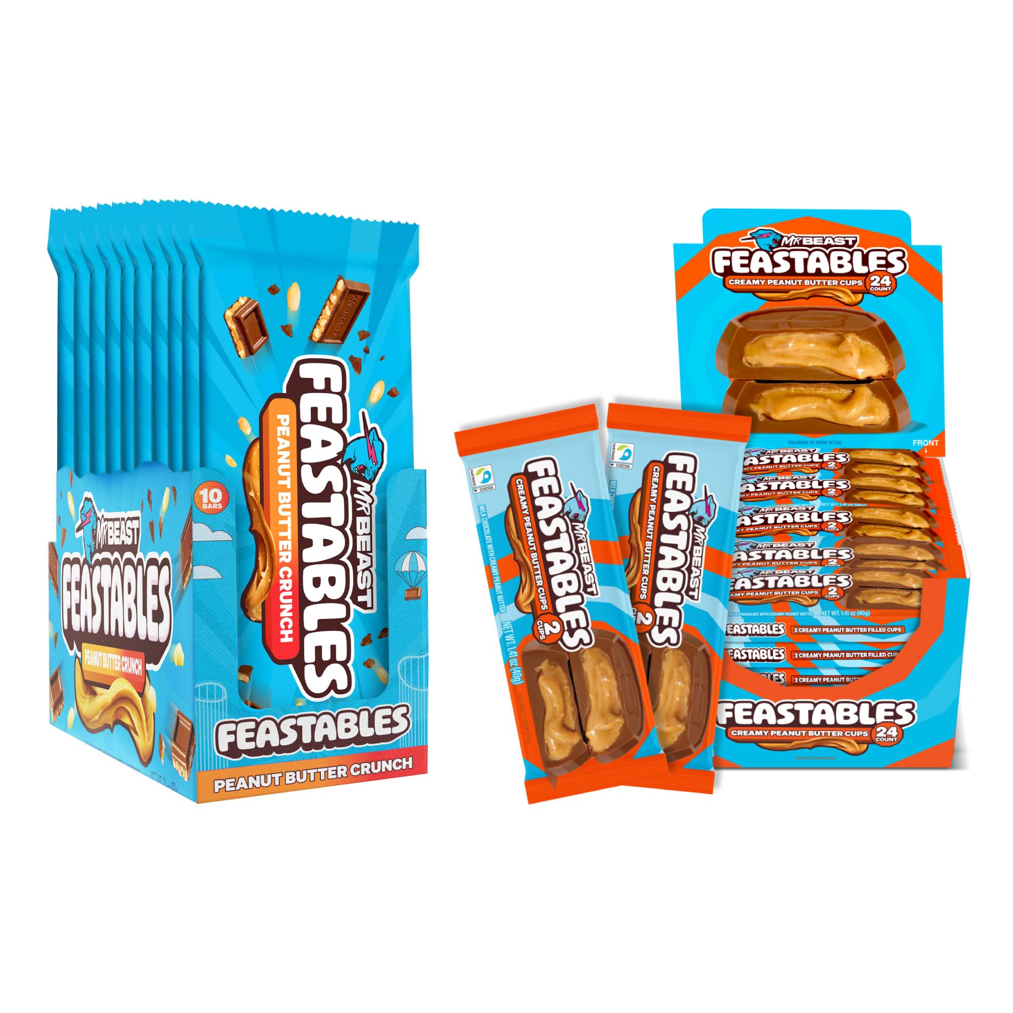 Feastables MrBeast PB Lover Pack, King Size Peanut Butter Crunch Chocolate Bars and Peanut Butter Cups for Adults & Kids, Candy Bars for Halloween Candy, Snacks, Gifts, or Dessert, Fairtrade Cocoa