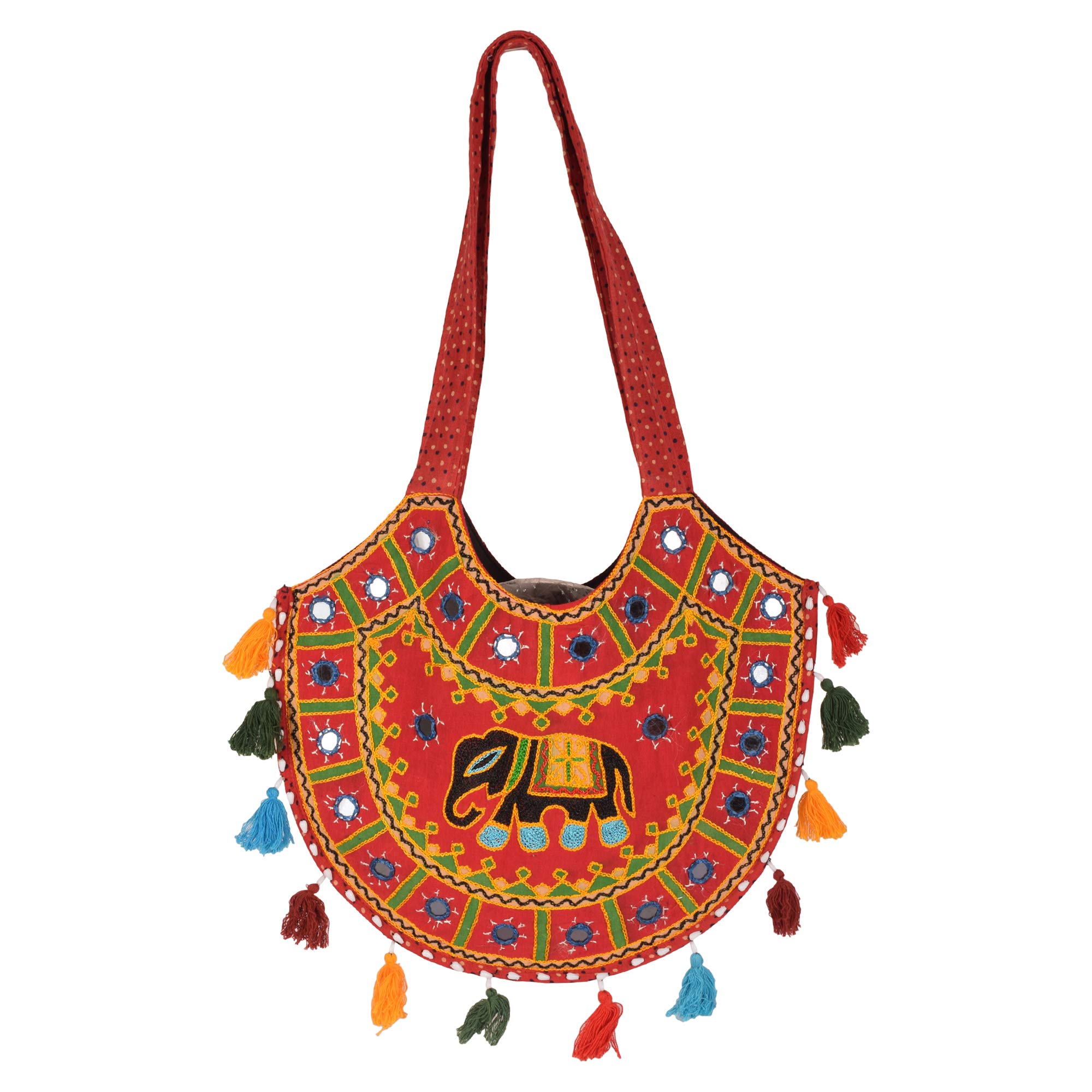 Tribes India Rajasthani Tribal Handmade Red Cotton With Embroided Resham Dori Shoulder U-Shaped Handbag (Babal Resham Elephant) (1STXBAGRJ00104_3)