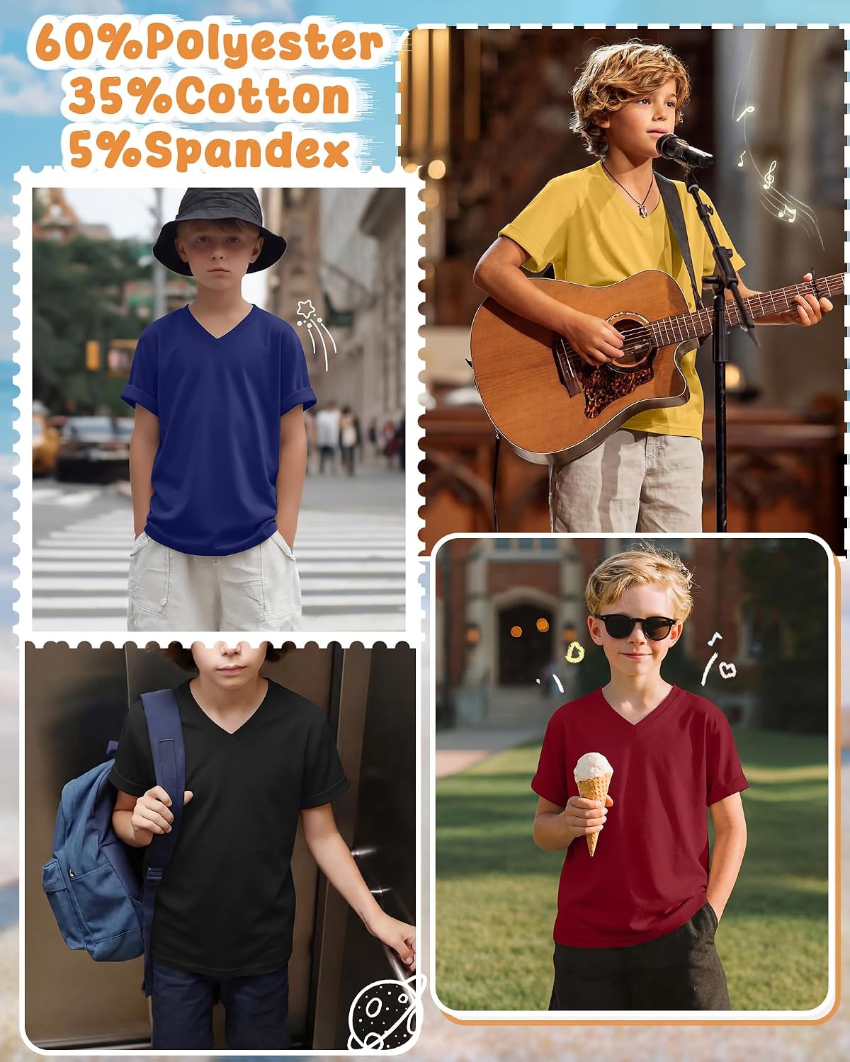 4 Pack Boys' Short Sleeve Shirts V Neck Kids Loose Fit T-Shirts Summer Casual Basic Rolled Cuff Tops for 5-14 Years
