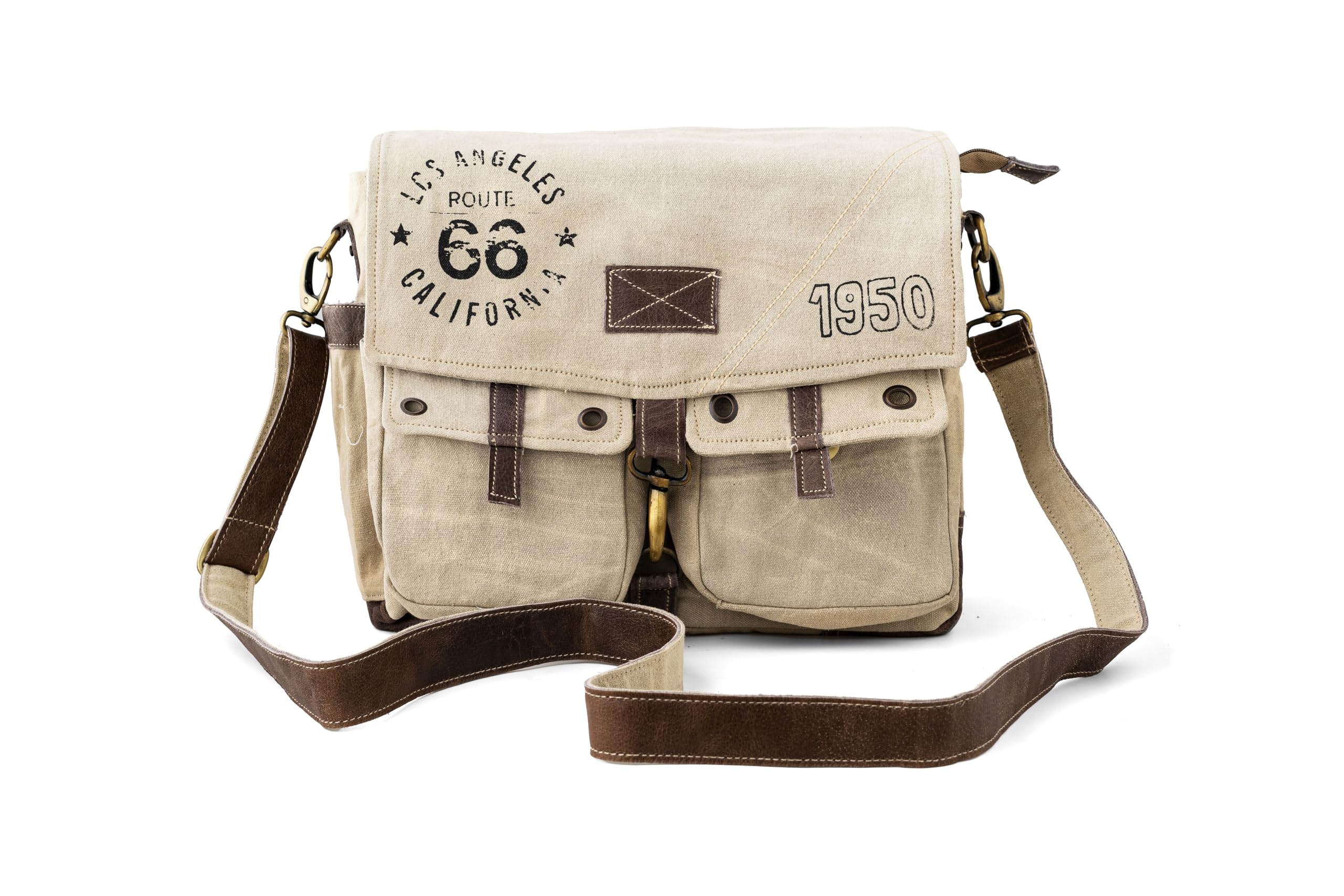 3Blifestyle Route 66 Upcycled Military Canvas & Leather Messenger Bag – Vintage Laptop Shoulder Bag Crossbody Purse