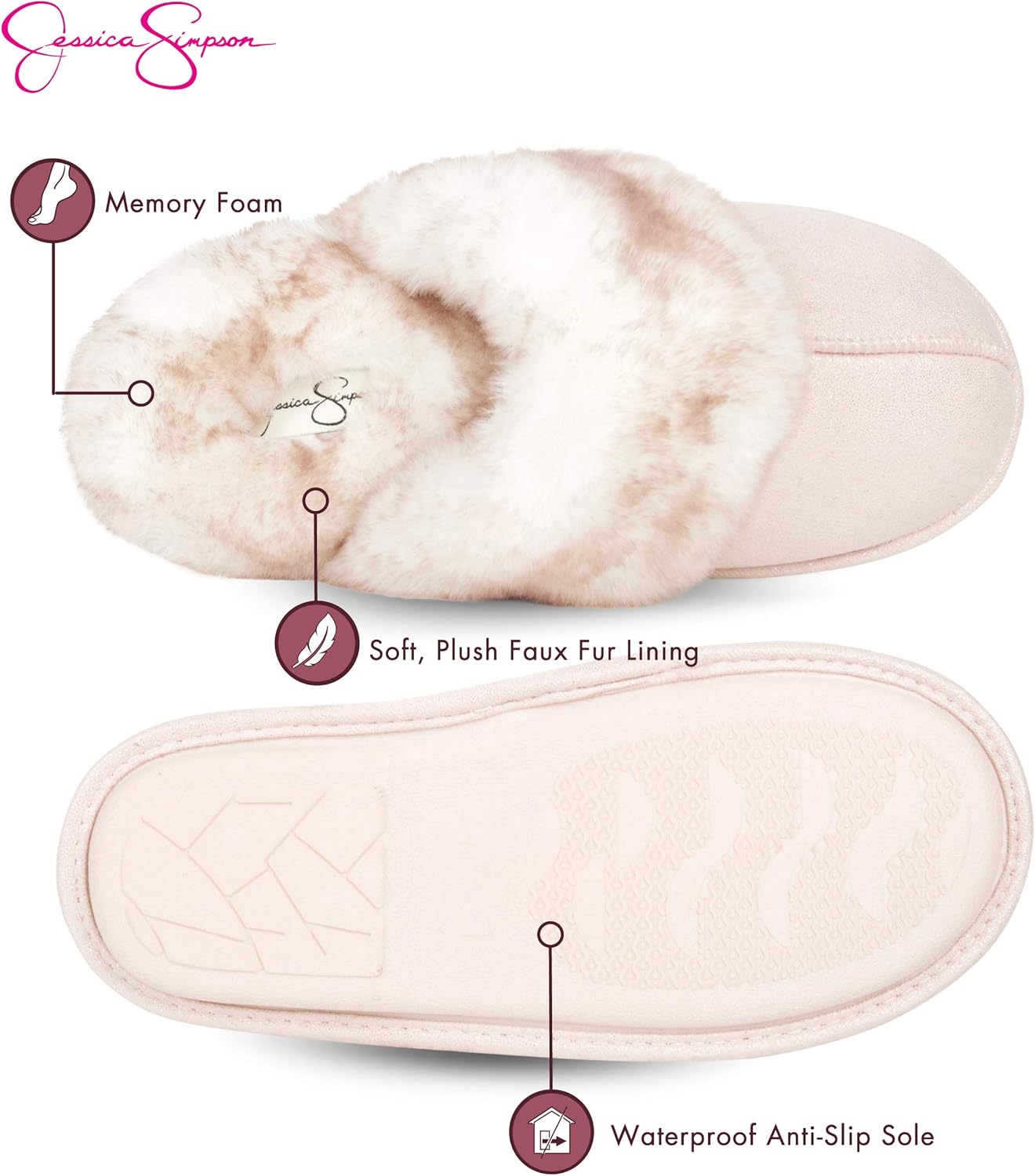  | Jessica Simpson Girls Comfy Slippers - Cute Faux Fur Slip-on Shoes Memory Foam House Slipper | Slippers