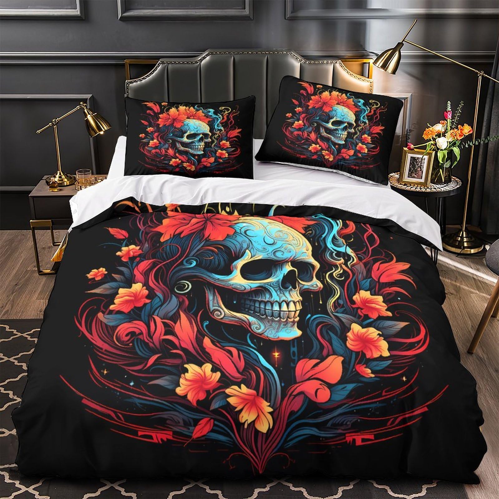 Parure de lit crâne imprimé 3D ultra douce avec housse de couette double 200x200cm