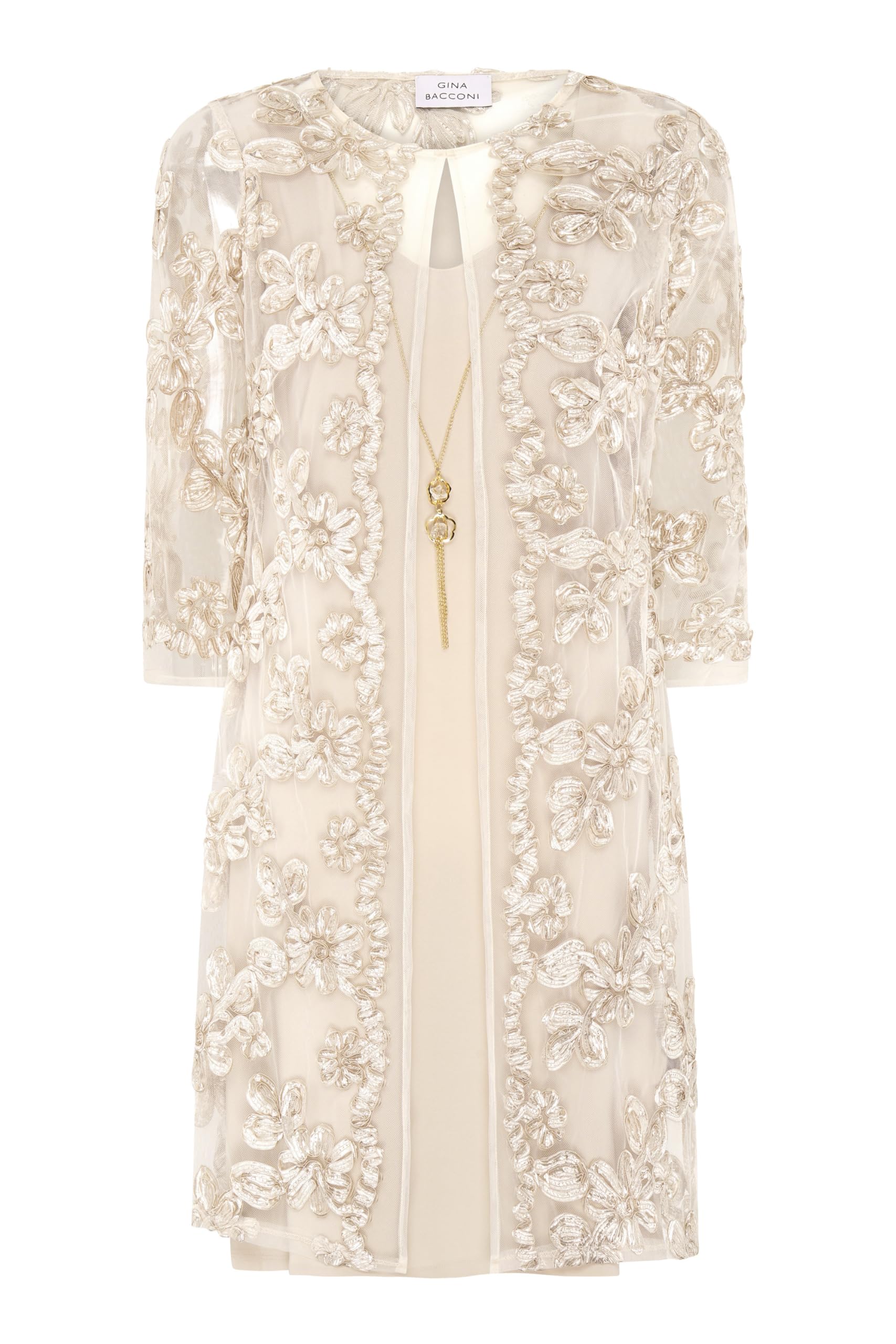 Gina Bacconi Women's Floral Soutache Dress Ad Jacket with Detachable Necklace Cocktail, Champagne, 20