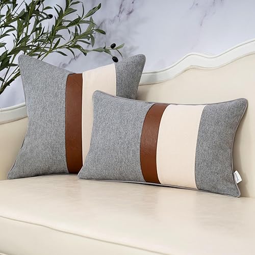 Miniatura 5 de Funda de almohada lumbar de lino de granja, color gris, funda de cojín rectangular de piel sintética neutra, para sofá, dormitorio, sala de estar,