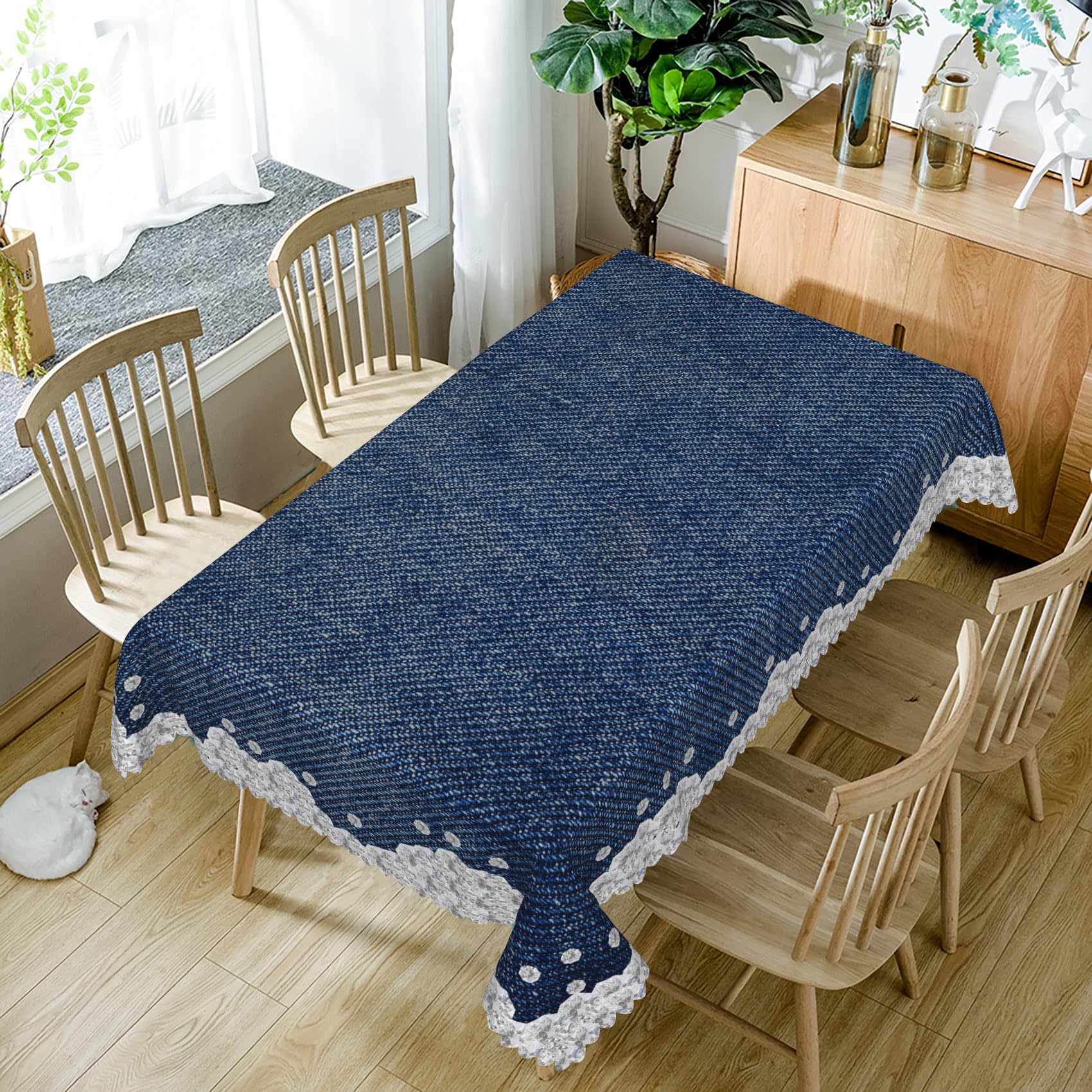 Denim and Diamond Rectangle Tablecloth,SIEDYCV 54x108 Inch Jeans Inlaid Rhinestone Pattern Waterproof Polyester Fabric Denim Blue Table Cover for