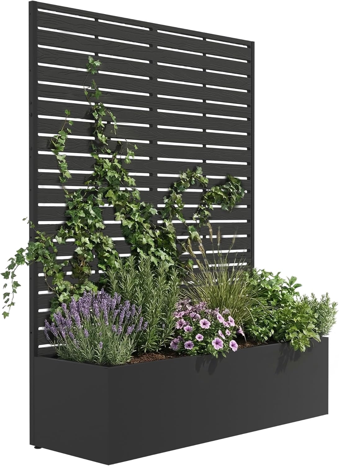 Metal Raised Garden Bed with HDPE Trellis, 45"x16"x59" Planter Box for Vegetables & Climbing Plants, Outdoor HDPE Privacy Screen Planter with Drainage Holes for Patio, Backyard, Garden