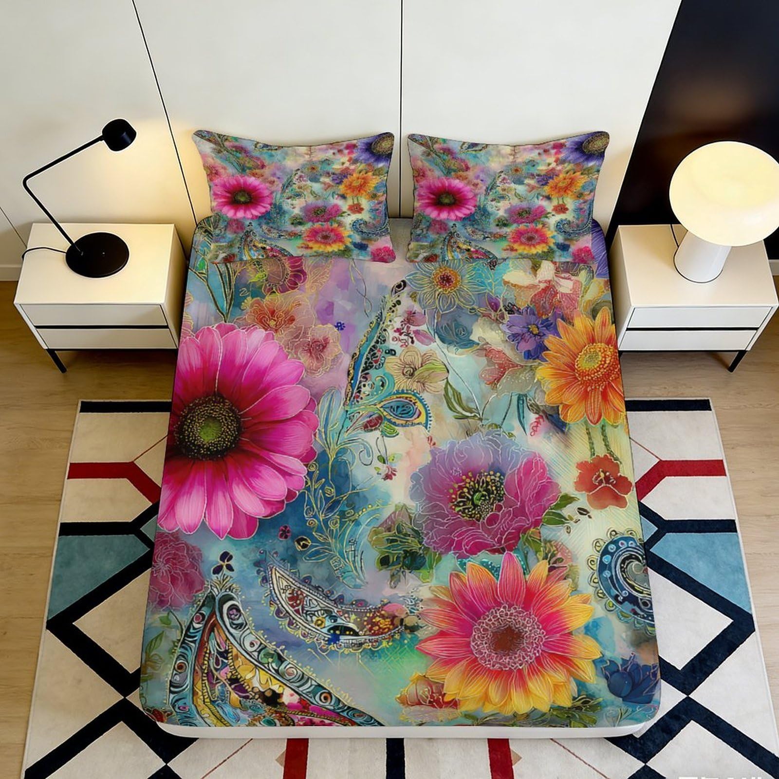 3D Printed Peacock Floral Fitted Sheet Microfiber Vibrant Colorful Bed Cover for Bedroom Dorm Mattress Protection Decor 90x200x25cm