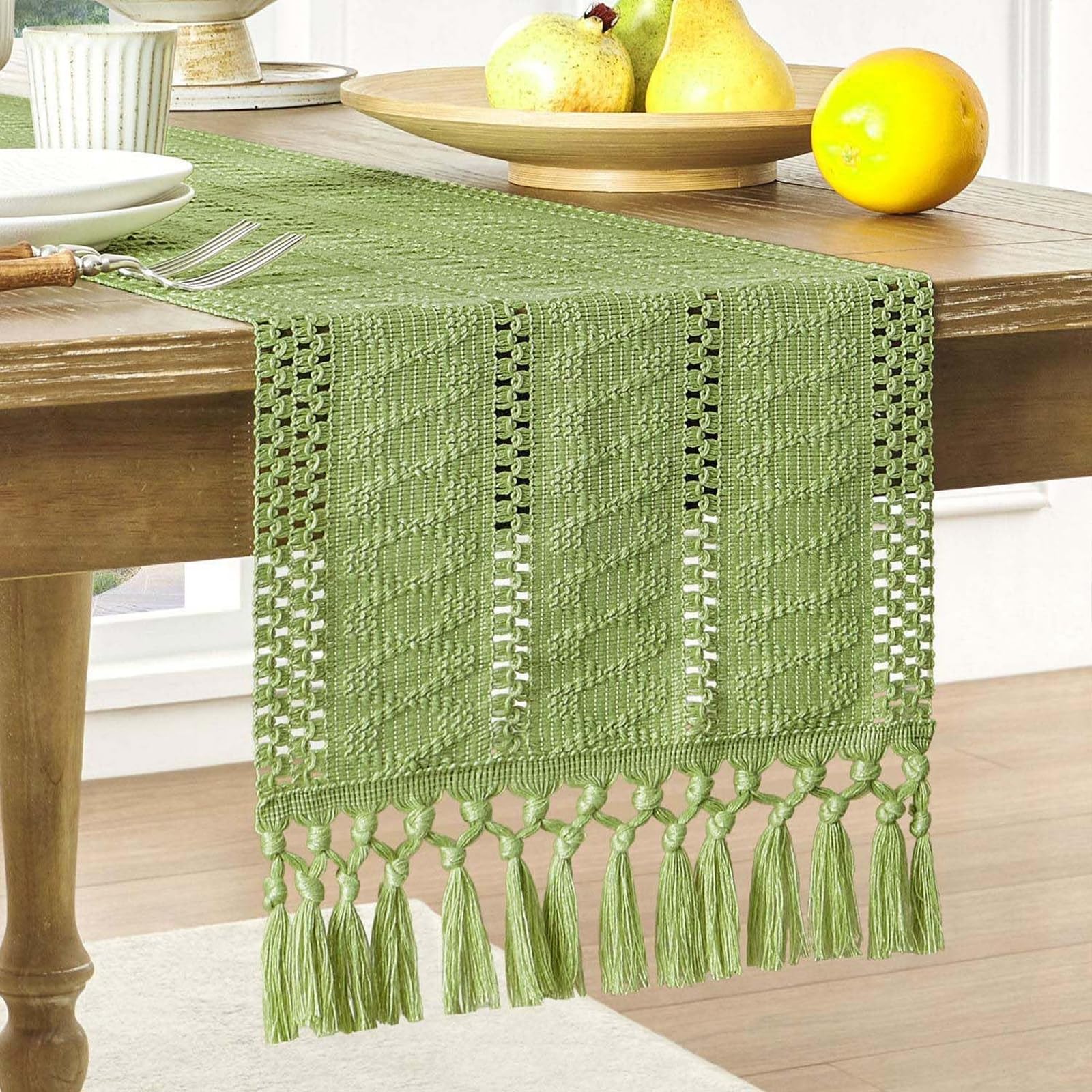 Rustic Linen Table Runner With Tassel Boho Embroidered Style Kitchen Tablerunners For Holiday Party Wedding Birthday Decoration Green (30*90cm/11.81*35.43in)