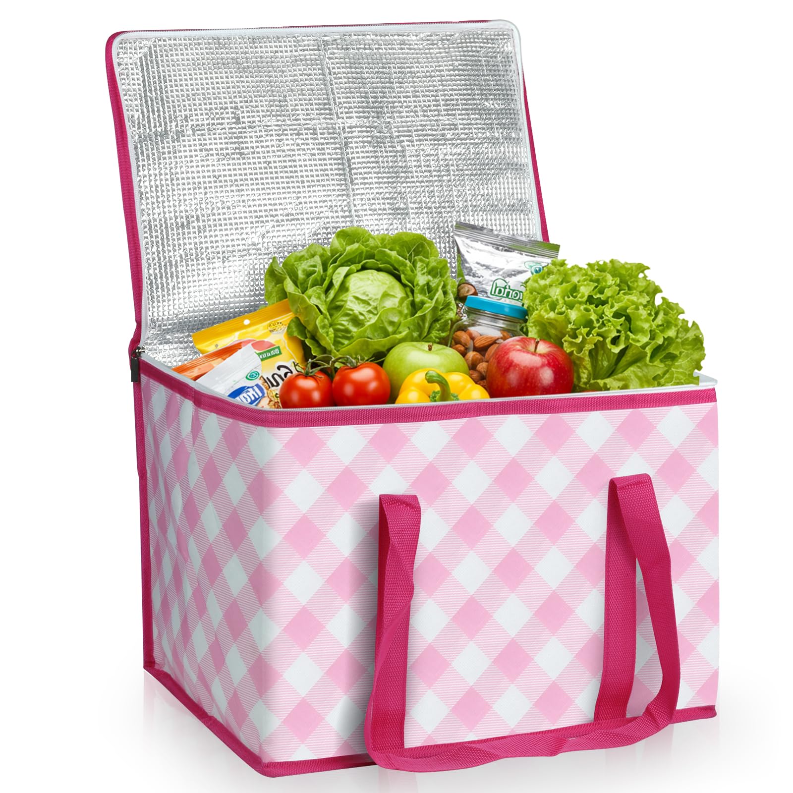 Beautyshow Cool Bag, 40L Large Insulated Bag, Reusable Grocery Shopping Bags with Classic Gingham Design, Foldable Thermal Food Delivery Bags Soft Cooler for Picnic, BBQ, Camping, Beach, Travel, Auto