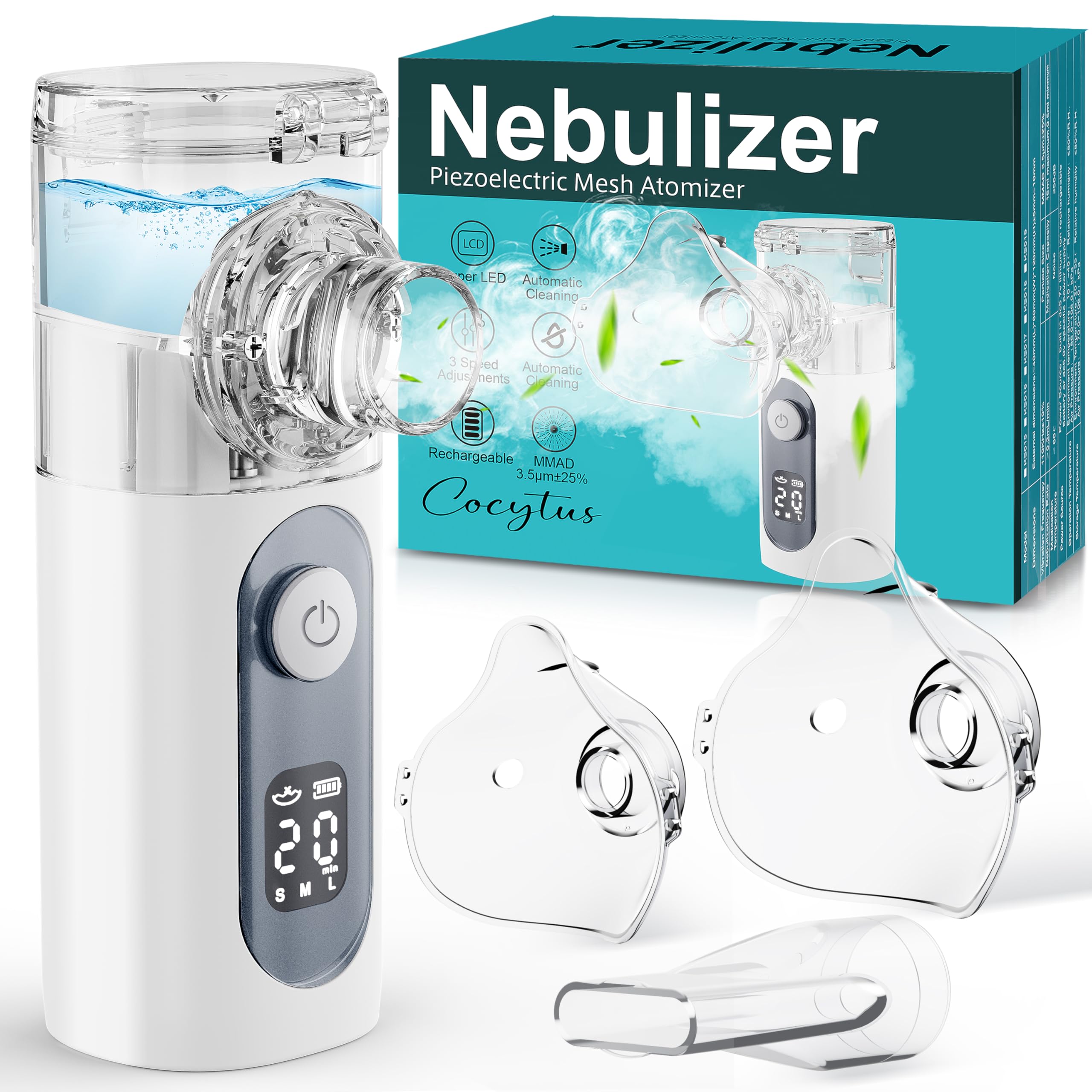 Nebulizador Portátil Recargable para Adultos y Niños - 3 Niveles Ajustables, Silencioso, con 2 Máscaras y Boquilla - para Uso Doméstico y Viajes