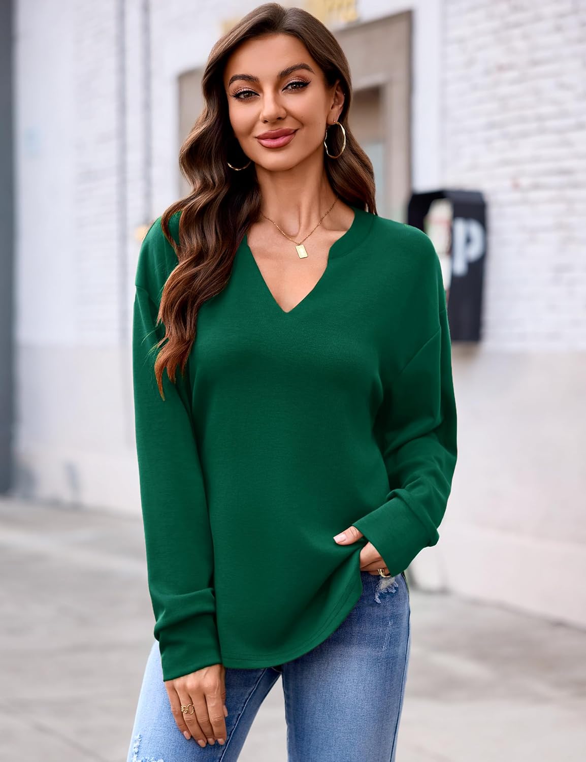 Totatuit Sweatshirts for Women V Neck Long Sleeve Shirts Loose Lightweight Curved Hem Casual Pullover Tops 2025 Fall Forest green Large - Image 5