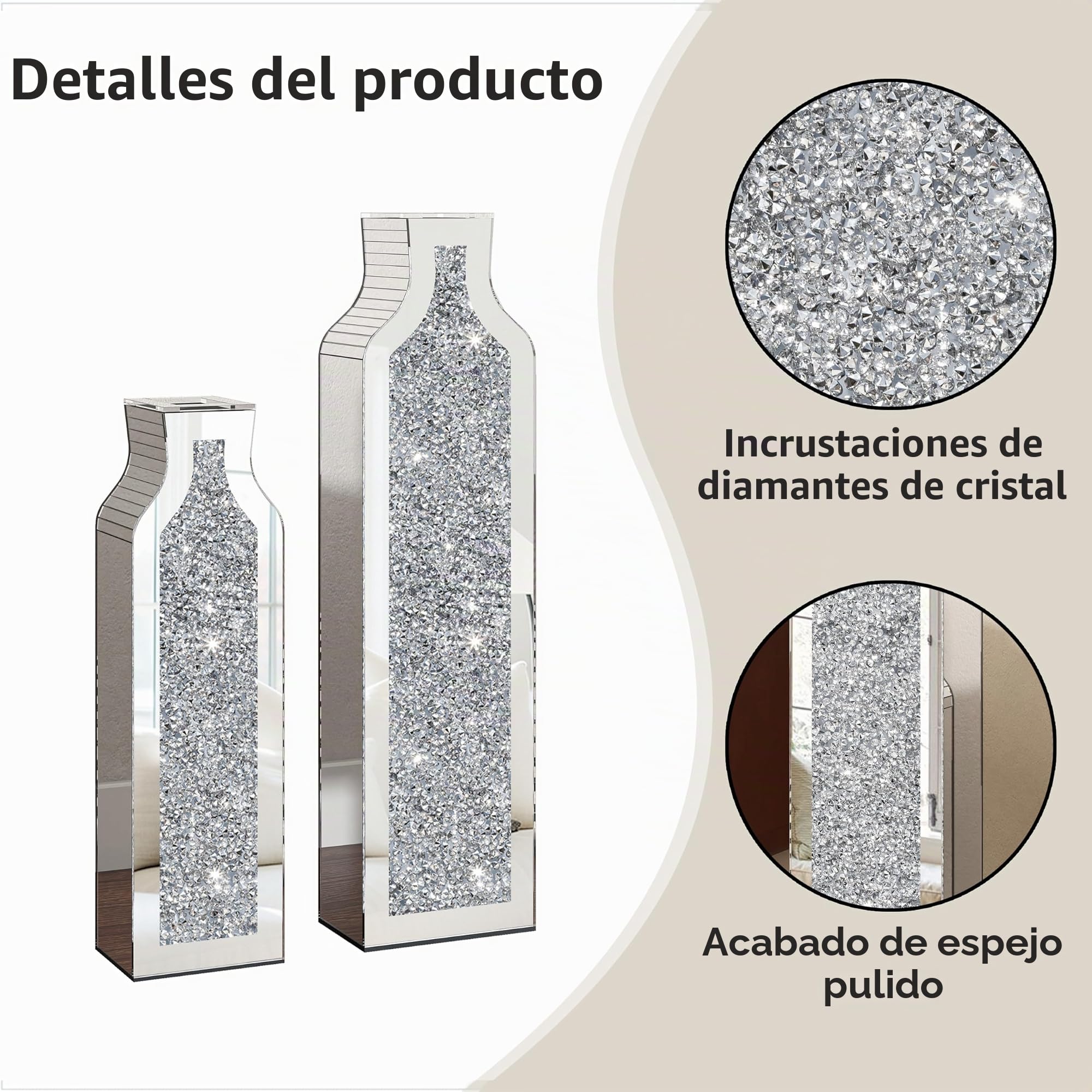 SHYFOY Jarrón decorativo de espejo con diamante triturado de 46 cm y 61,5 cm para el salón – Moderna y elegante jarra de plata decorativa de cristal para flores secas – Decoración elegante y